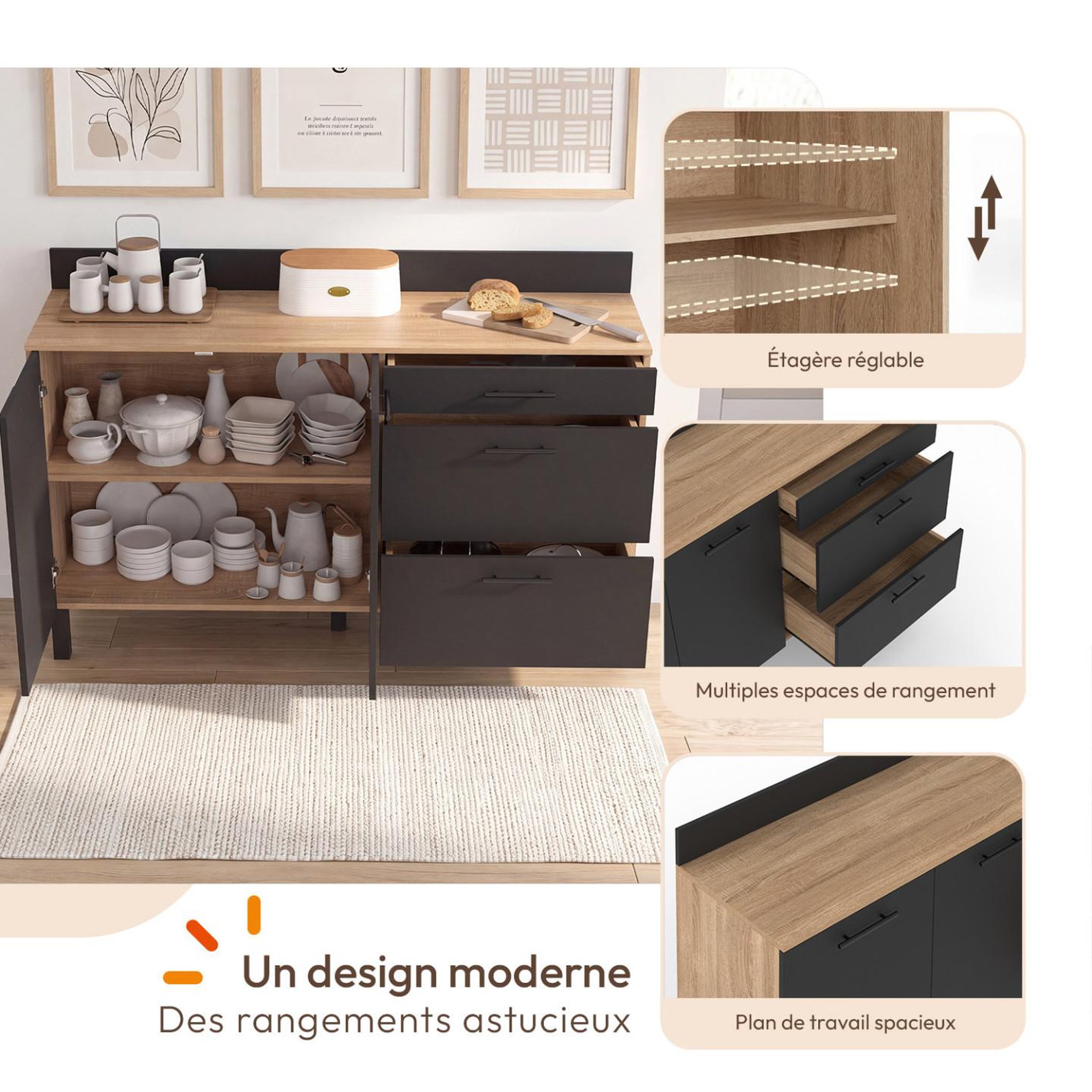Voir la diapositive 3 : ID MARKET Buffet bas casserolier de cuisine 140 cm CINA plan de travail H.83 cm 2 portes + 3 tiroirs hêtre et noir