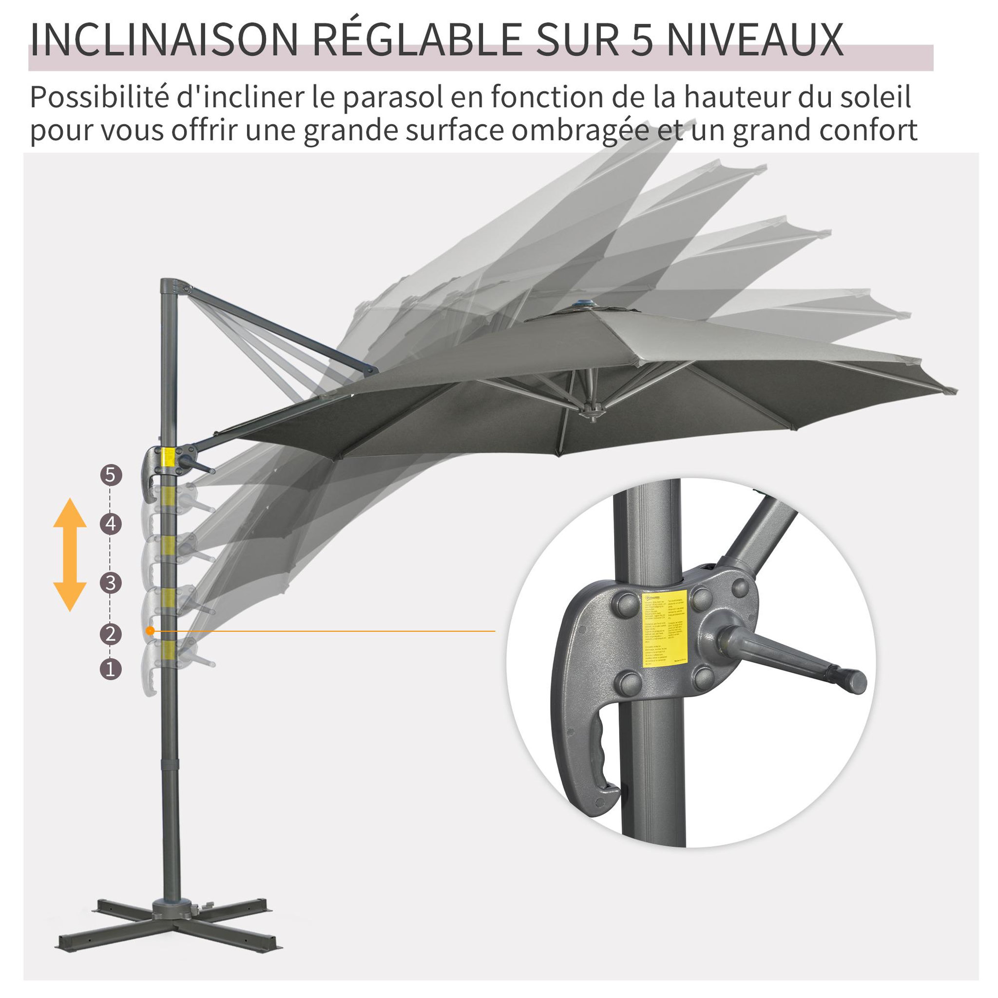 Voir la diapositive 5 : OUTSUNNY Parasol déporté octogonal inclinable manivelle avec pied en acier Ø 2,94 x 2,48H m gris