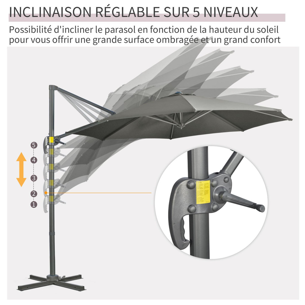OUTSUNNY Parasol déporté octogonal inclinable manivelle avec pied en acier Ø 2,94 x 2,48H m gris