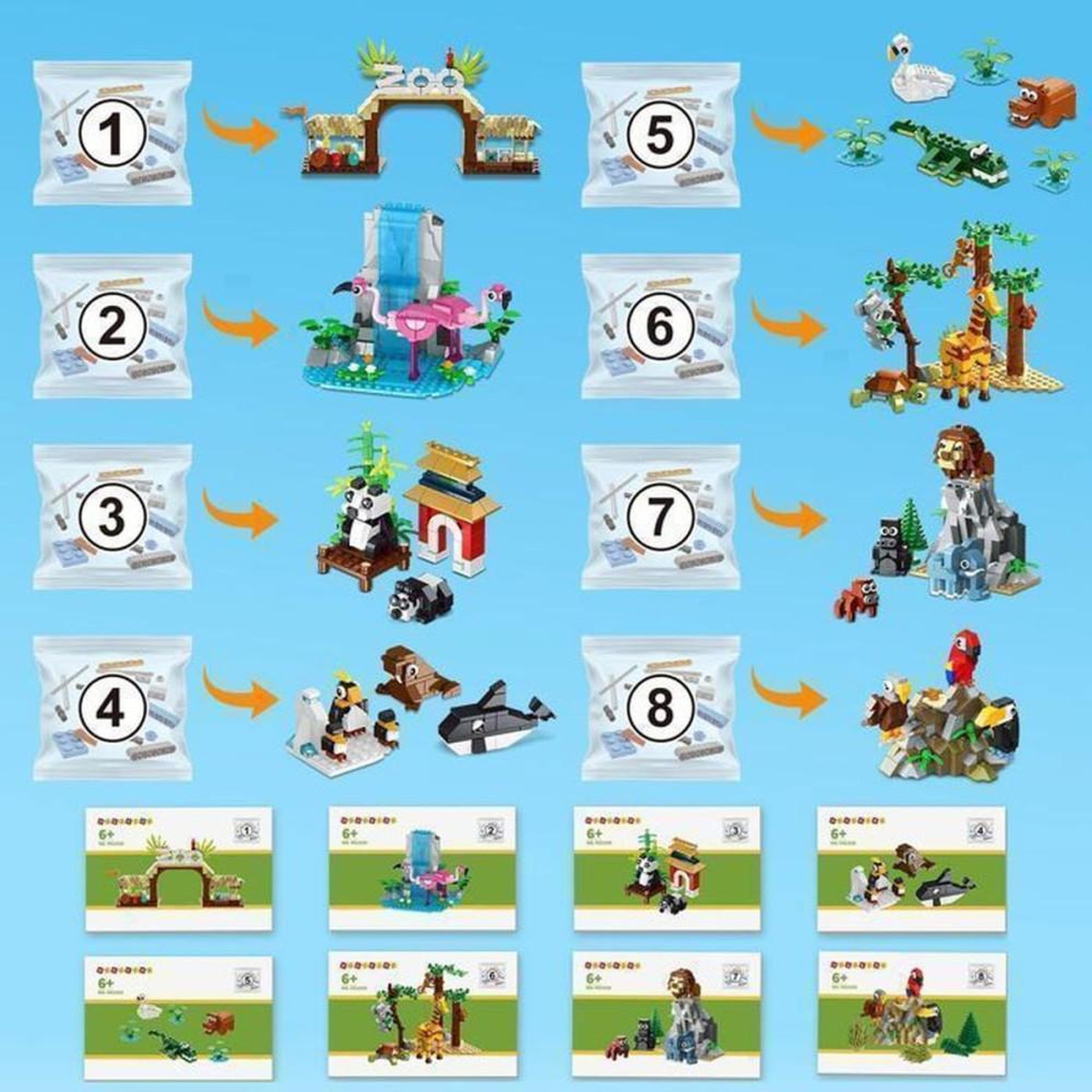 Voir la diapositive 4 : Kit de construction Zoo 25 en 1 avec 25 animaux et 8 habitats, tapis de jeu pliable 38 x 38 cm, dès 6 ans