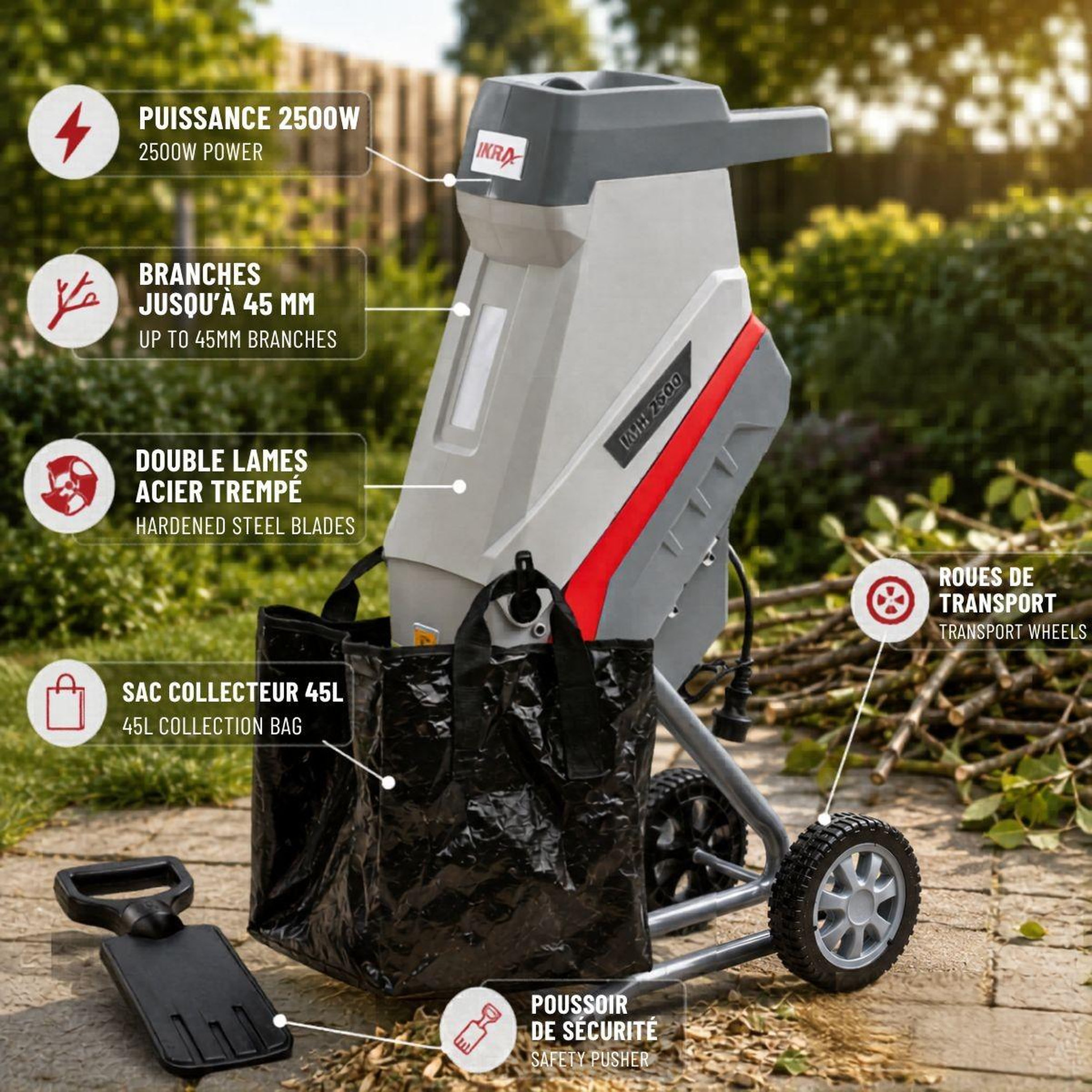 Voir la diapositive 4 : Ikra Broyeur de végétaux électrique 2500w 2 lames acier trempé branches jusqu'à 45mm sac 45l ikra