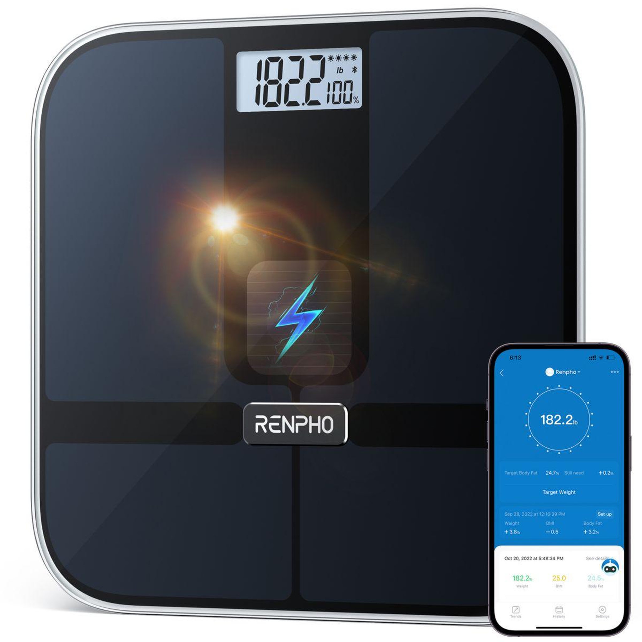Voir la diapositive 2 : RENPHO Pèse personne connecté Elis Solar 2 A020 connecté, impédancemètre, 13 mesures corporelles - Recharge solaire