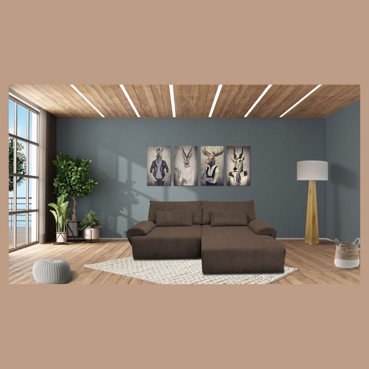 Canapé d'angle convertible réversible 5 places en velour côtelé BILLY