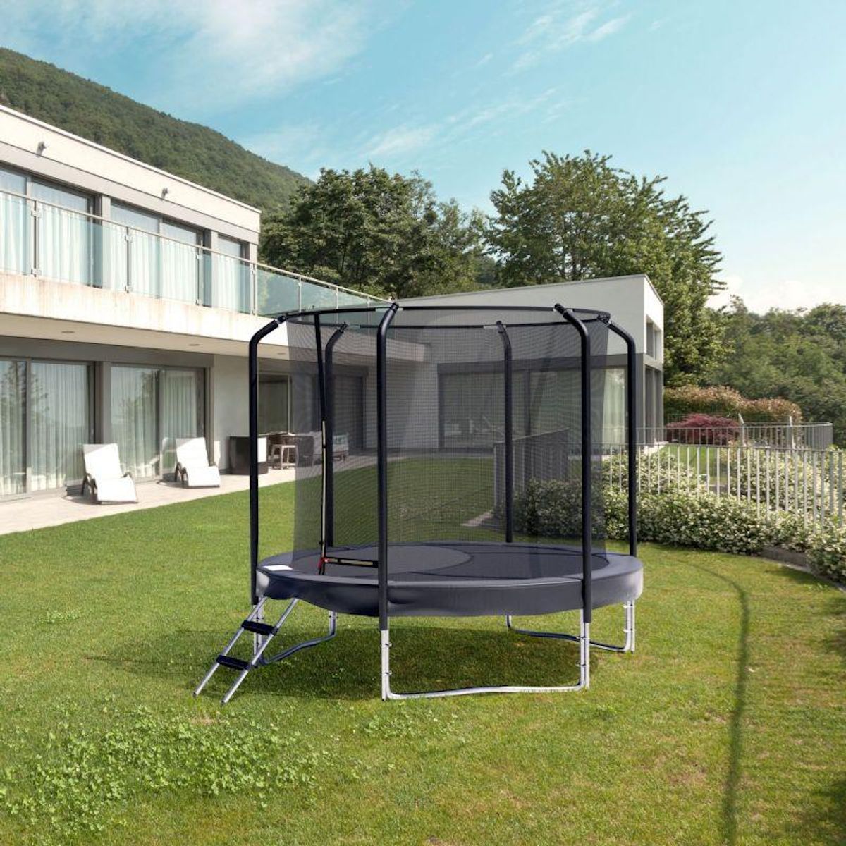 JUMP4FUN Trampoline Semi-Pro 8FT / 244cm Noir avec Filet de sécurité, Tapis de saut, Coussin de protection, Echelle