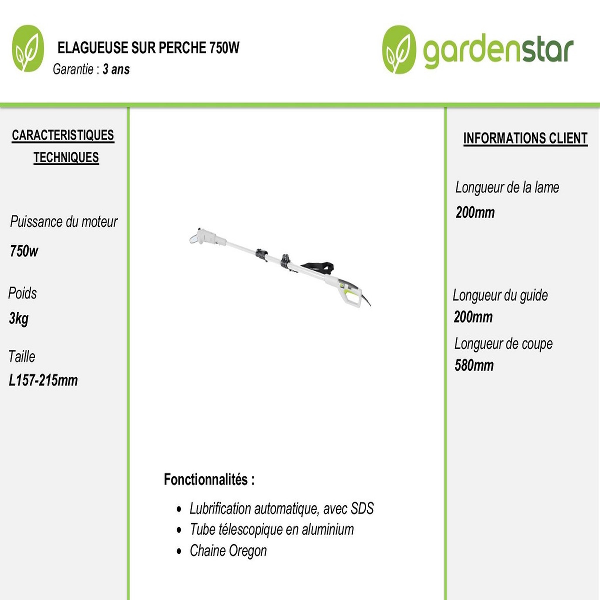 Voir la diapositive 3 : GARDENSTAR Elagueuse sur perche électrique - 750W