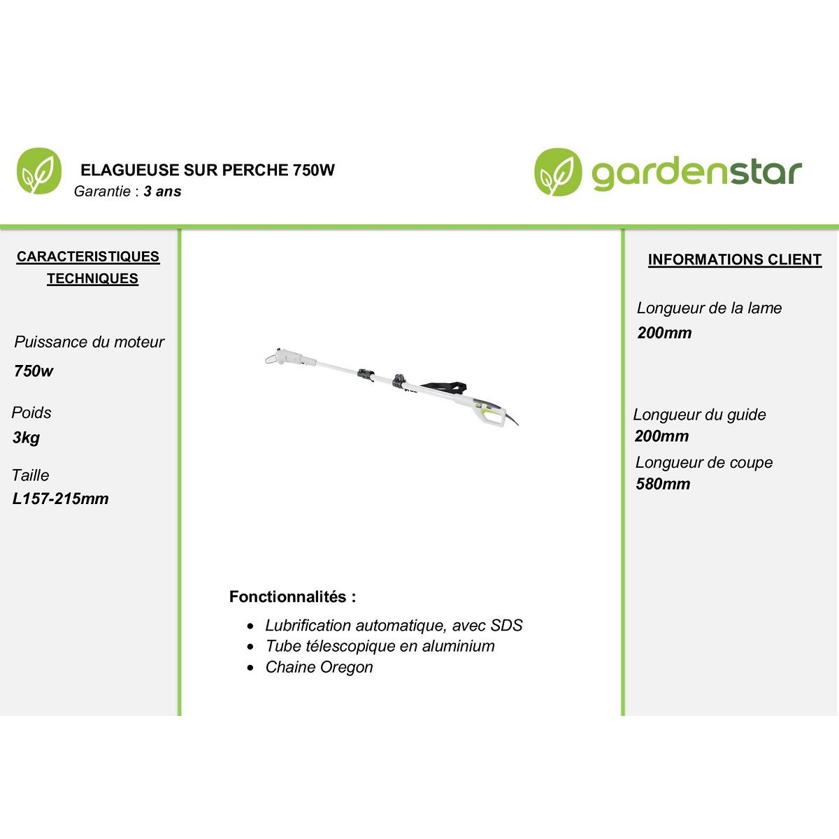 GARDENSTAR Elagueuse sur perche électrique - 750W