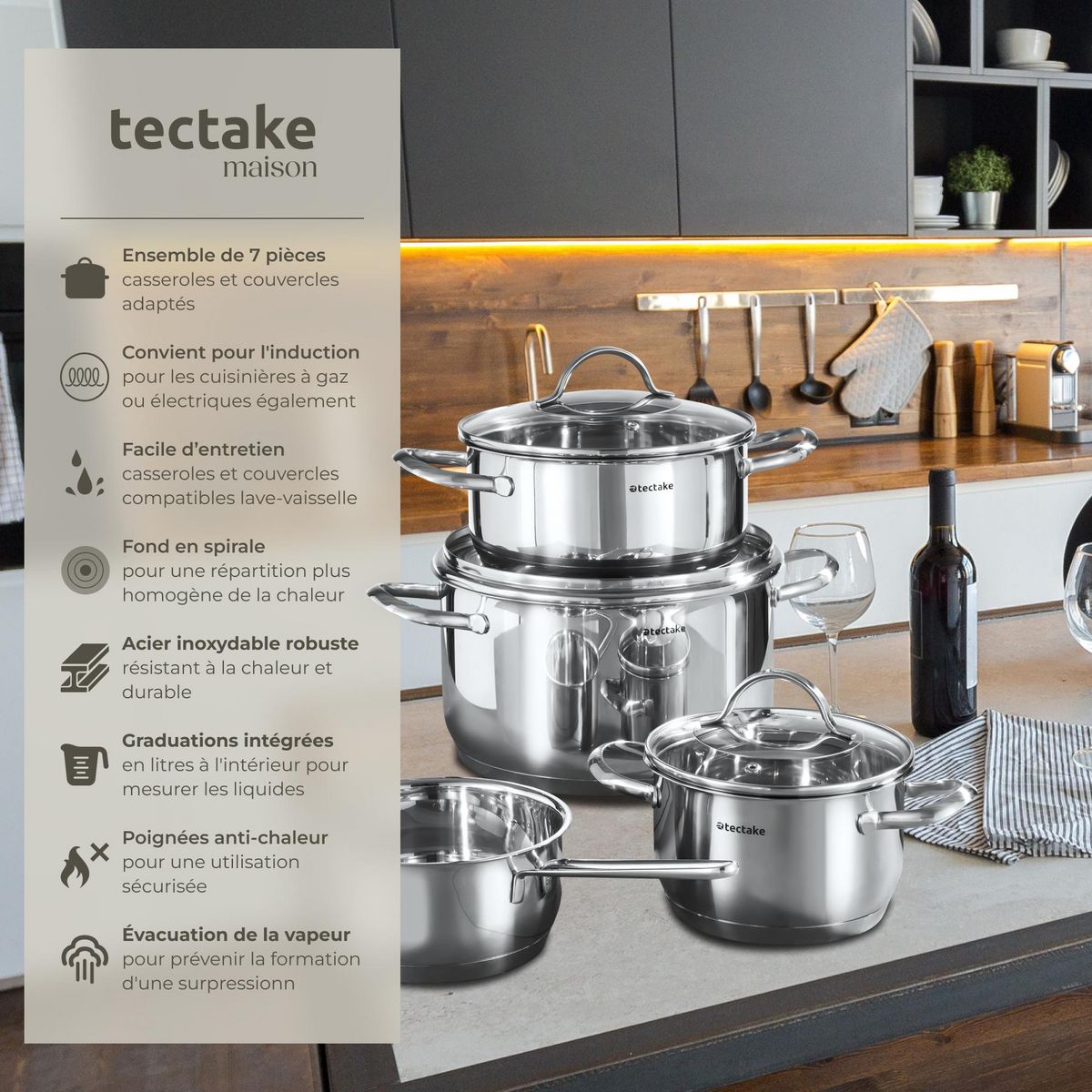 tectake Batterie de cuisine 7 pièces en acier inoxydable compatible induction argent
