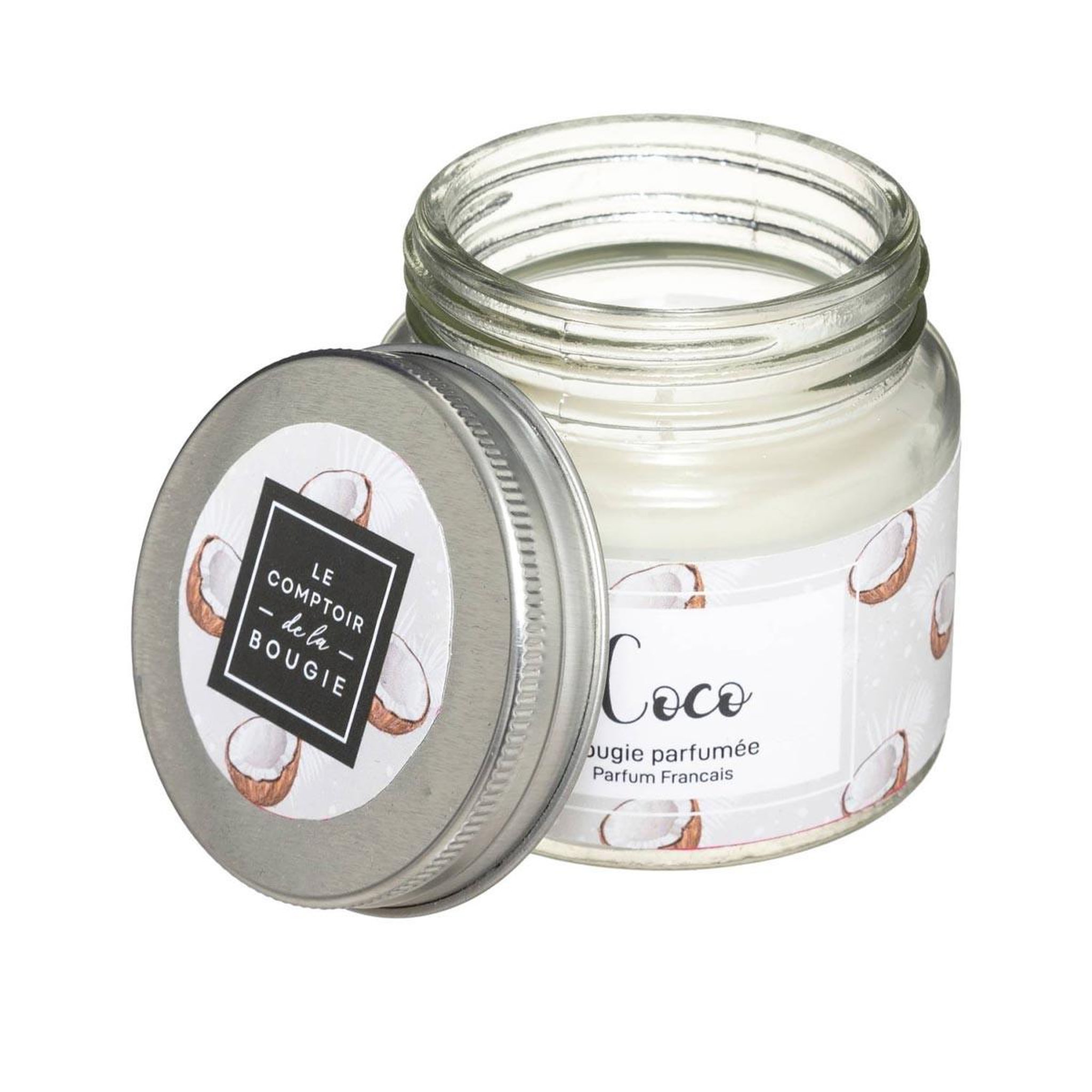 Voir la diapositive 2 : COMPTOIR DE LA BOUGIE Bougie parfumée en verre  bocal  65g coco