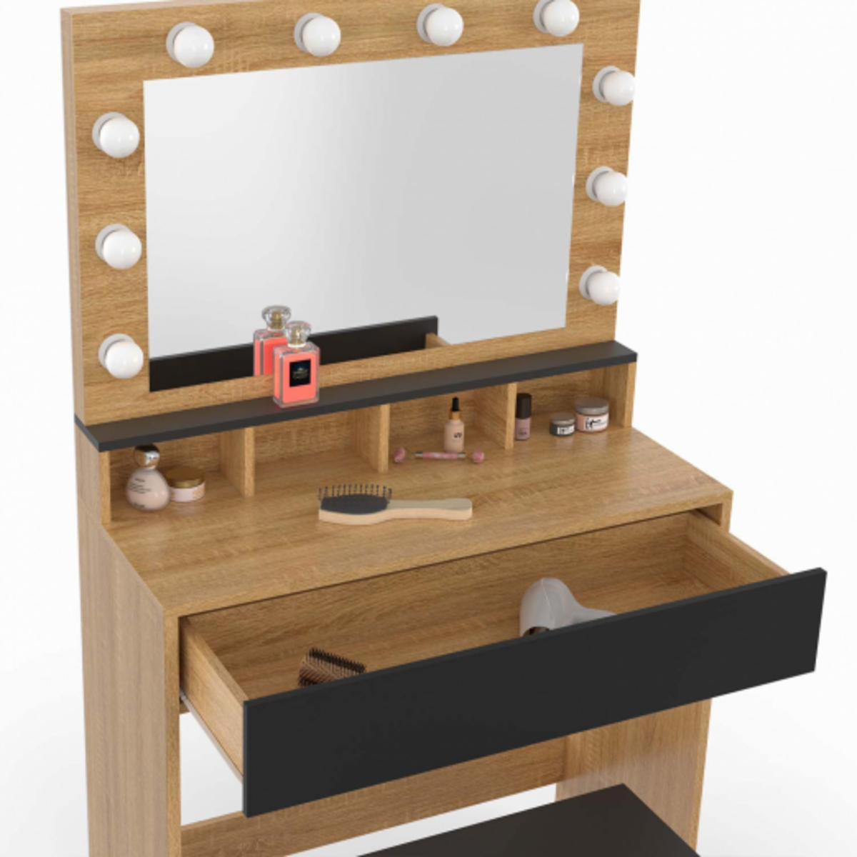 ID MARKET Coiffeuse ZELIA hêtre et noir miroir LED avec 4 niches, 1 tiroir et tabouret
