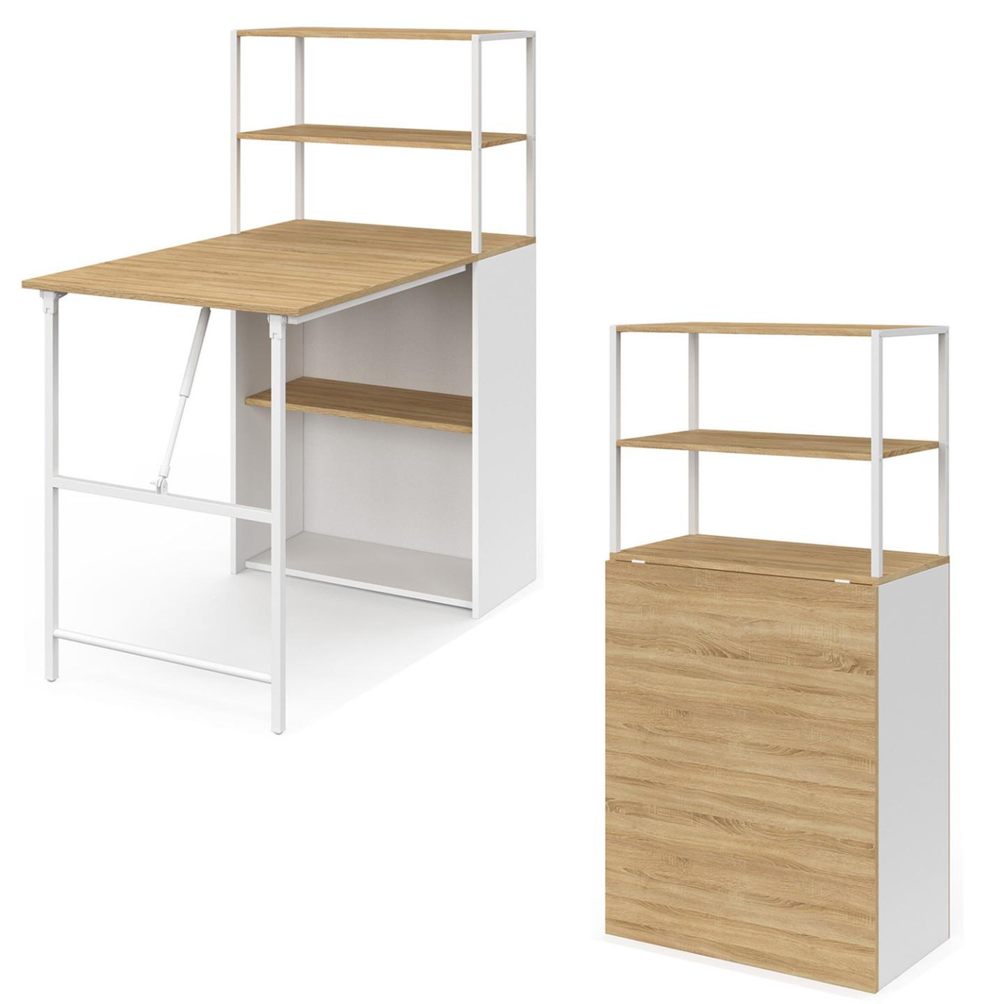 ID MARKET Bureau bibliothèque pliable ray plateau rabattable bois façon hêtre et blanc