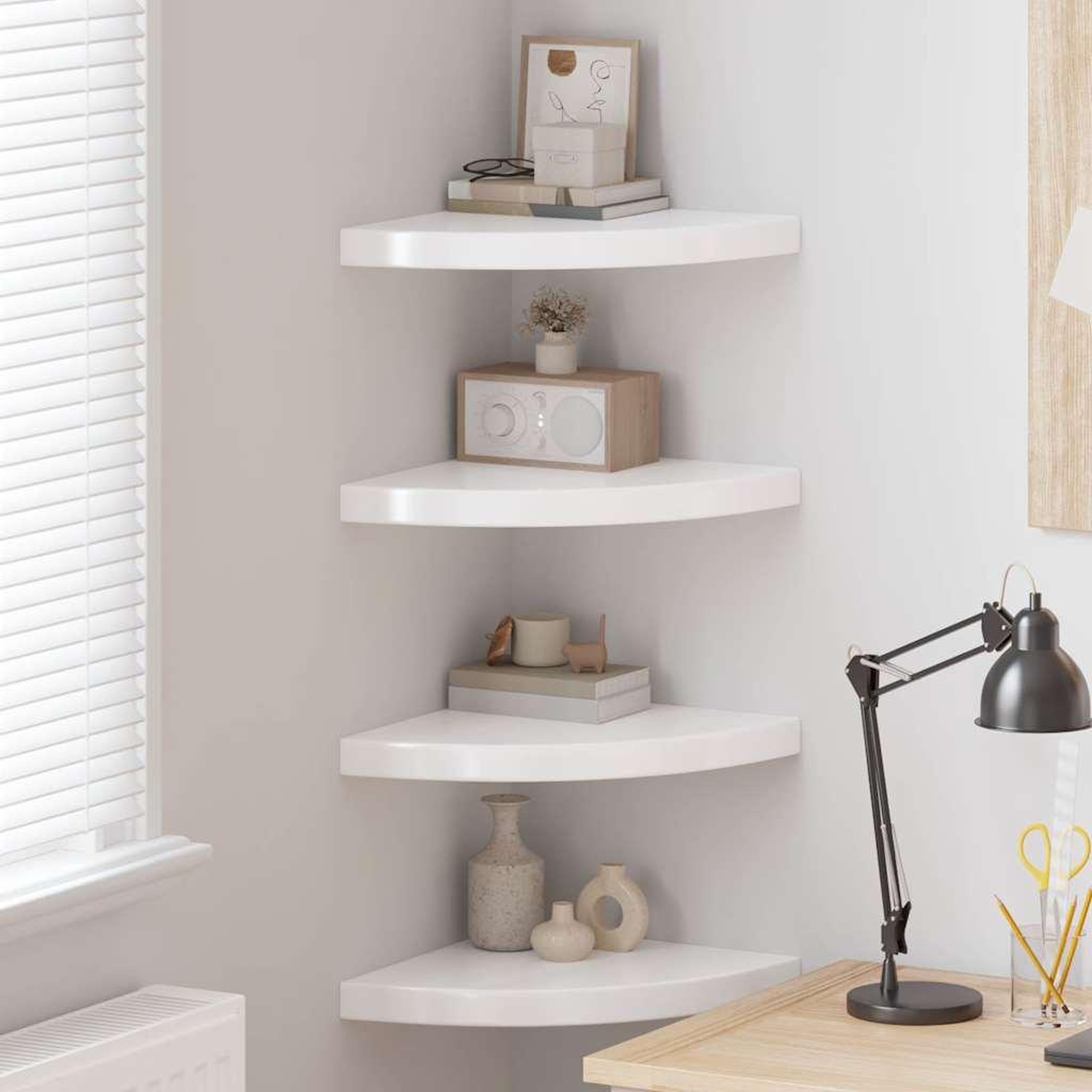 Voir la diapositive 2 : VIDAXL Etageres d'angle flottantes 4pcs blanc brillant 35x35x3,8cm MDF