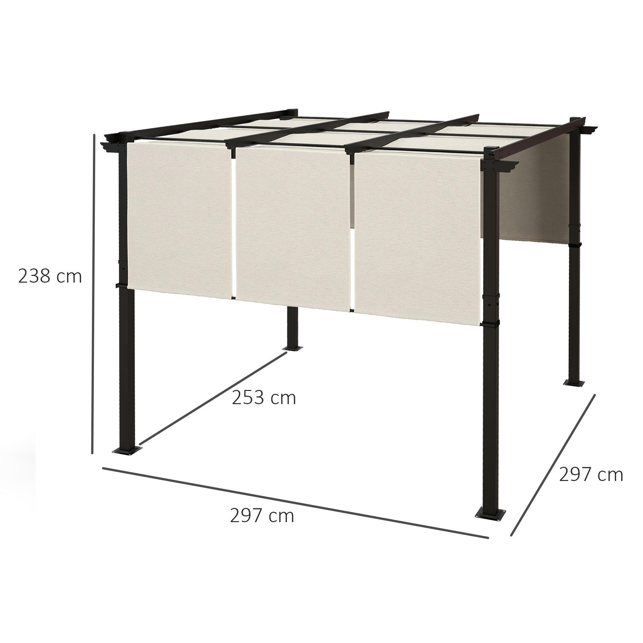 Voir la diapositive 3 : OUTSUNNY Pergola 3 toiles coulissantes - dim. 2,97L x 2,97l x 2,38H m - acier époxy polyester haute densité beige