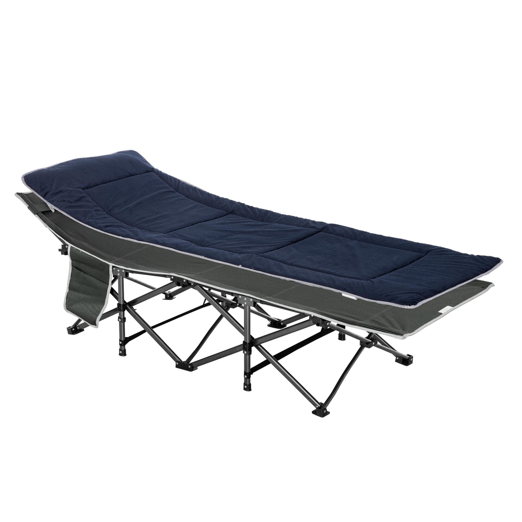 Voir la diapositive 1 : OUTSUNNY Lit de camp lit d'appoint pliable - pochette rangement, tétière, sac de transport, matelas inclus métal Oxford gris bleu