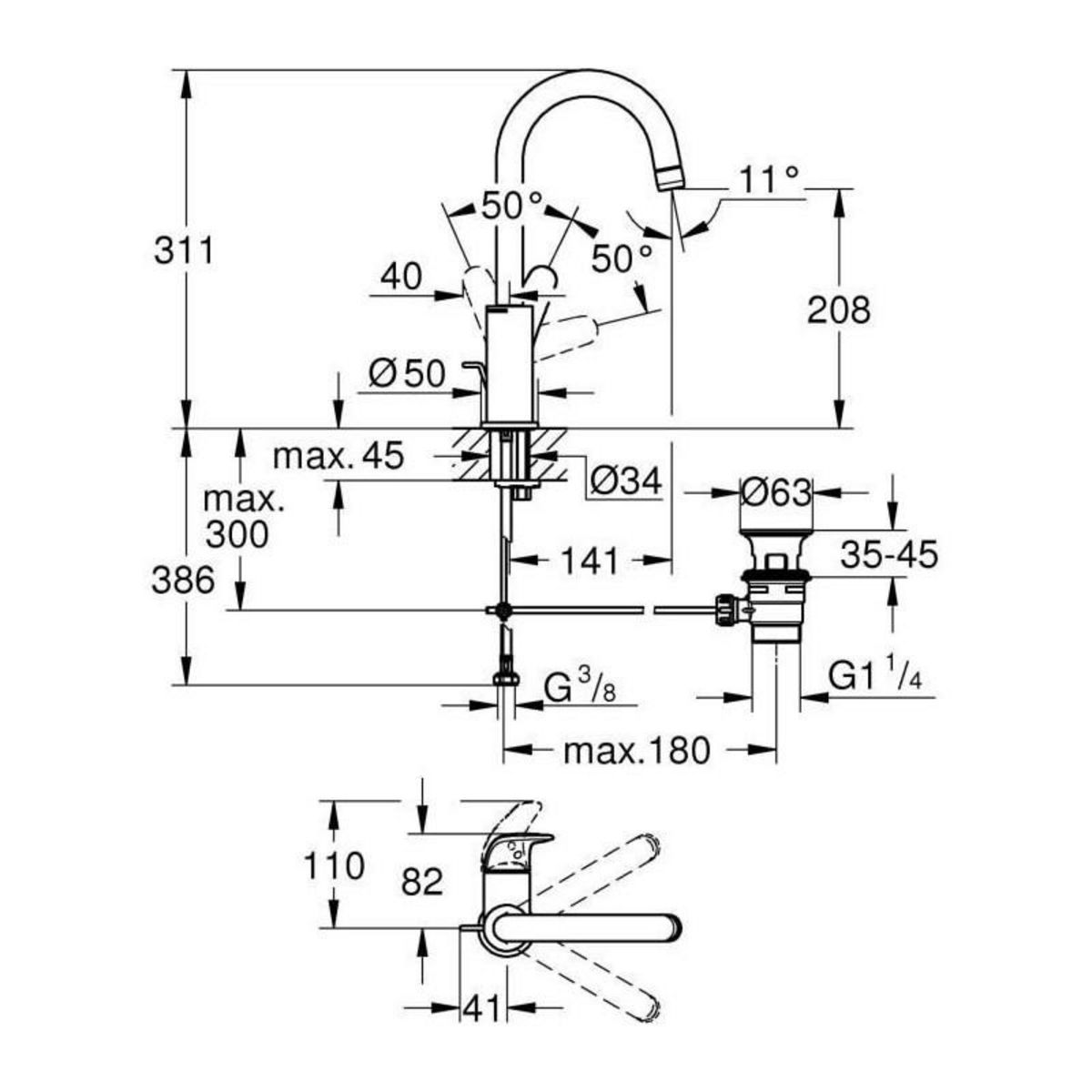 Grohe Mitigeur monocommande lavabo - GROHE Swift - 24330001 - Chromé - Taille L - Bec haut - Economie d'eau