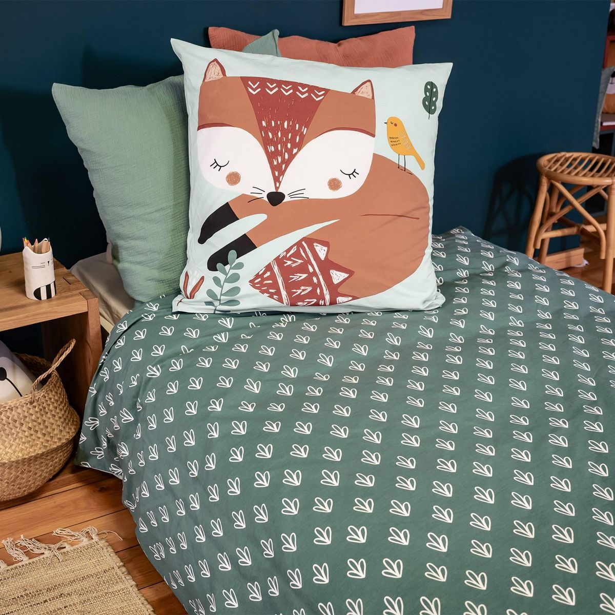 SWEEEK Parure de lit réversible 1 place imprimé renard en coton 140 x 200cm