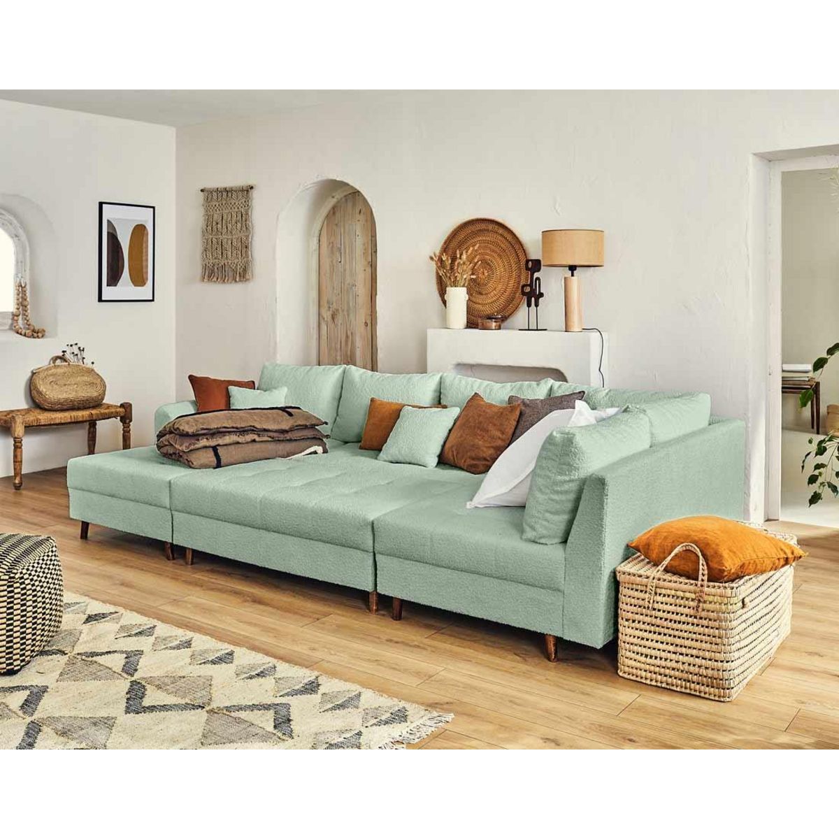 LISA DESIGN Rune - canapé panoramique d'angle droit - 7 places - avec pouf d'appoint - en tissu bouclette