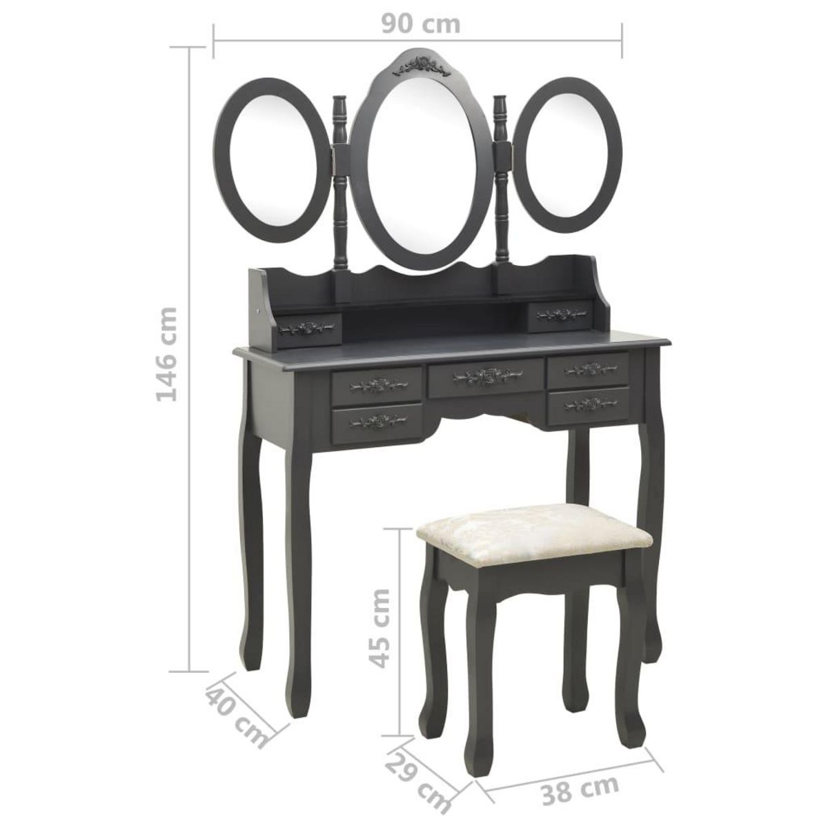 VIDAXL Coiffeuse avec tabouret et miroir pliable en 3 Gris