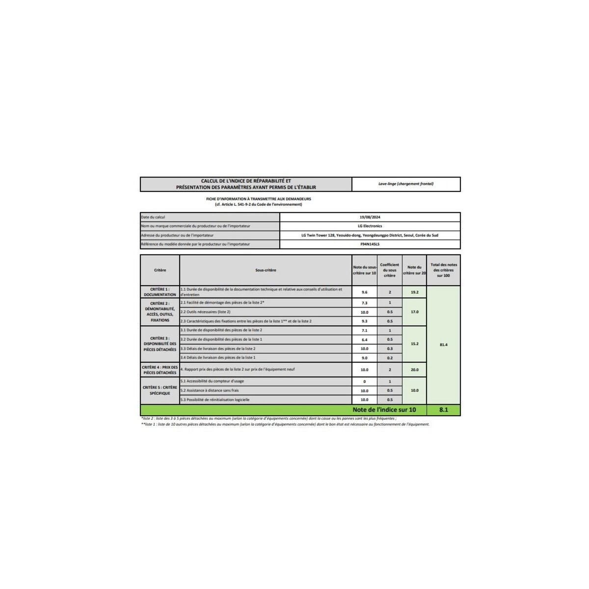 LG Lave-linge frontal 9kg 1400trs/min - F94N14SLS