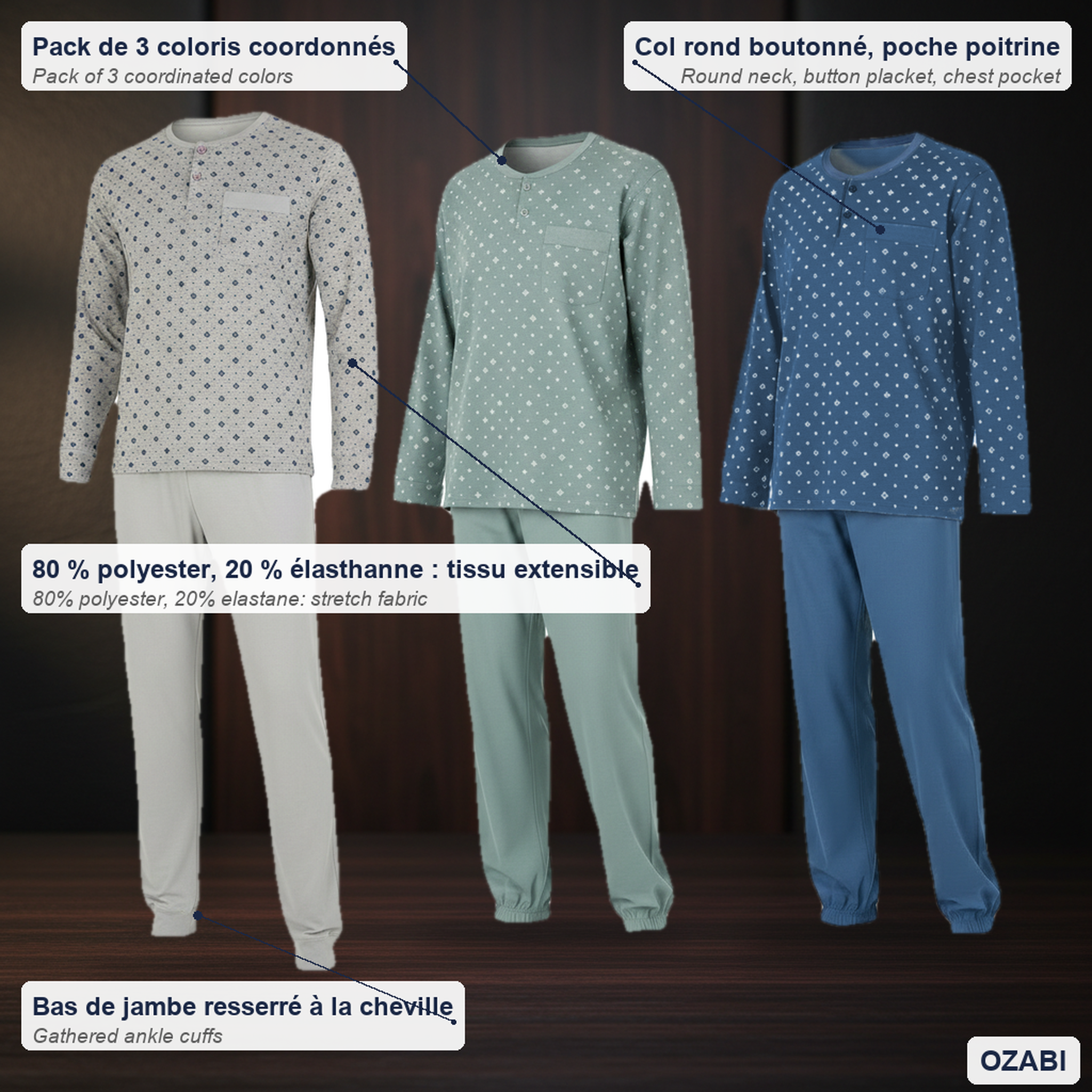 Voir la diapositive 5 : OZABI OZABI Ensemble Pyjama Homme Long Pack de 3, Haut Imprimé Col Boutonné