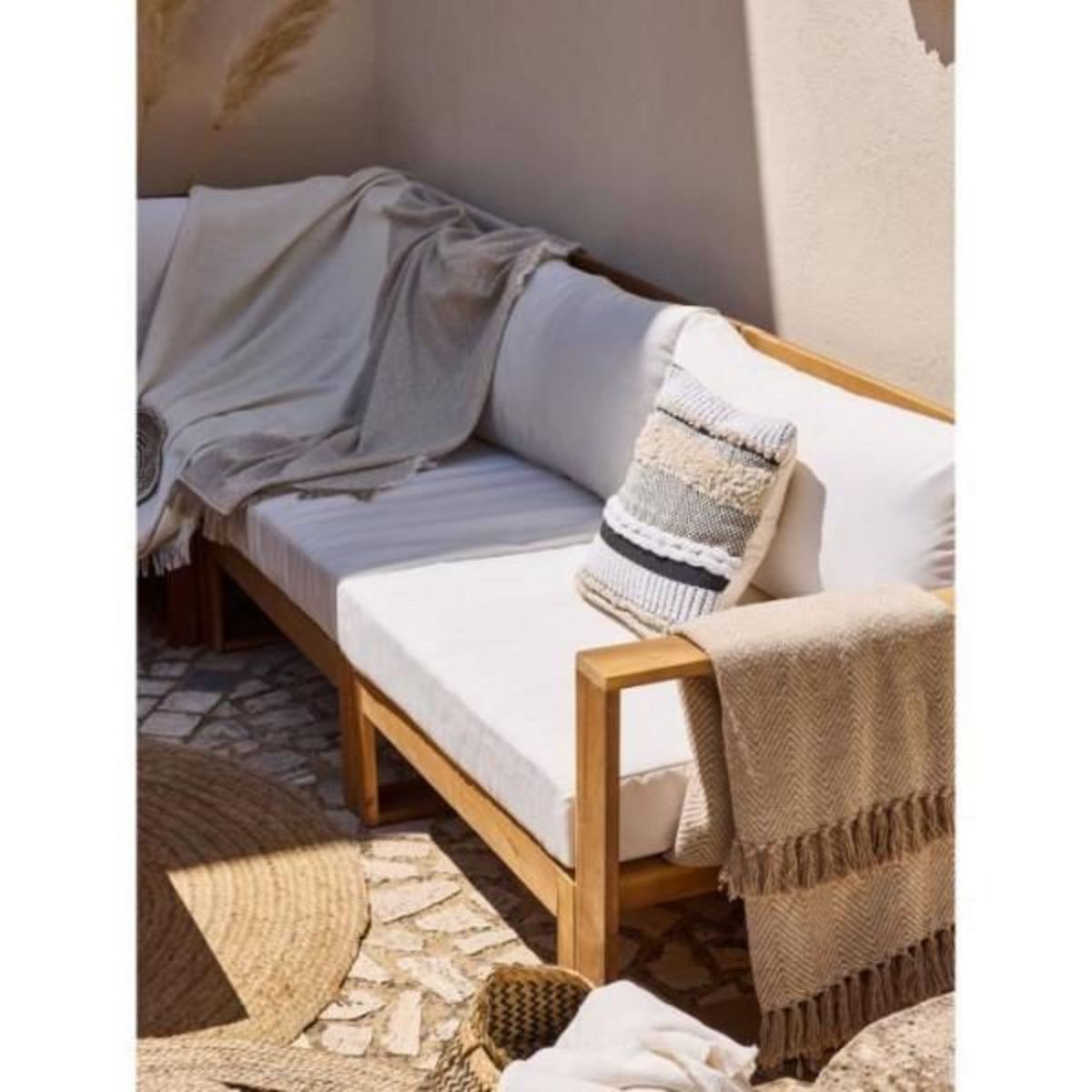 BOCARNEA Salon de jardin d'angle modulable - Bois d'acacia - 7 personnes - LEVATA XL - Blanc cassé + Housse