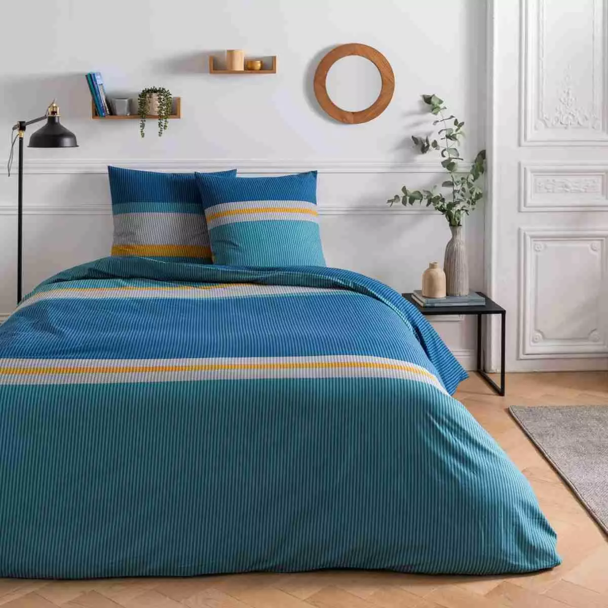 FUTURE HOME Parure de lit 2 personnes en coton 57 fils imprimé bleu