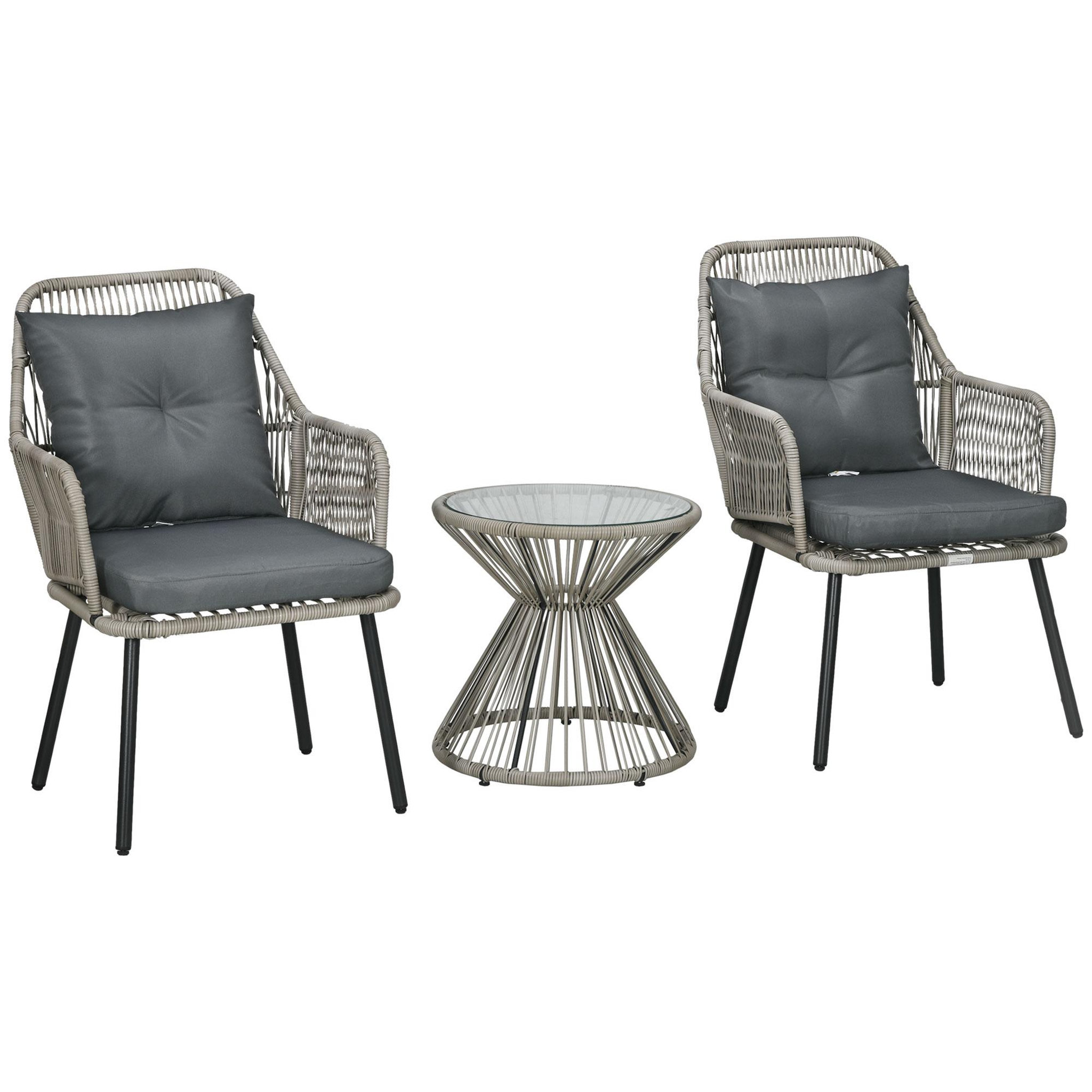 Voir la diapositive 1 : OUTSUNNY Ensemble salon de jardin 3 pièces style colonial 2 fauteuils coussins table basse acier époxy noir résine filaire gris