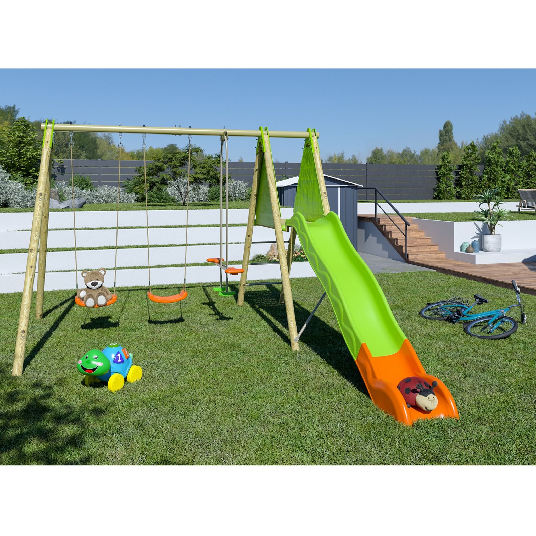 trigano Portique balançoire avec toboggan - Bois - H2,30m - OPTIMA