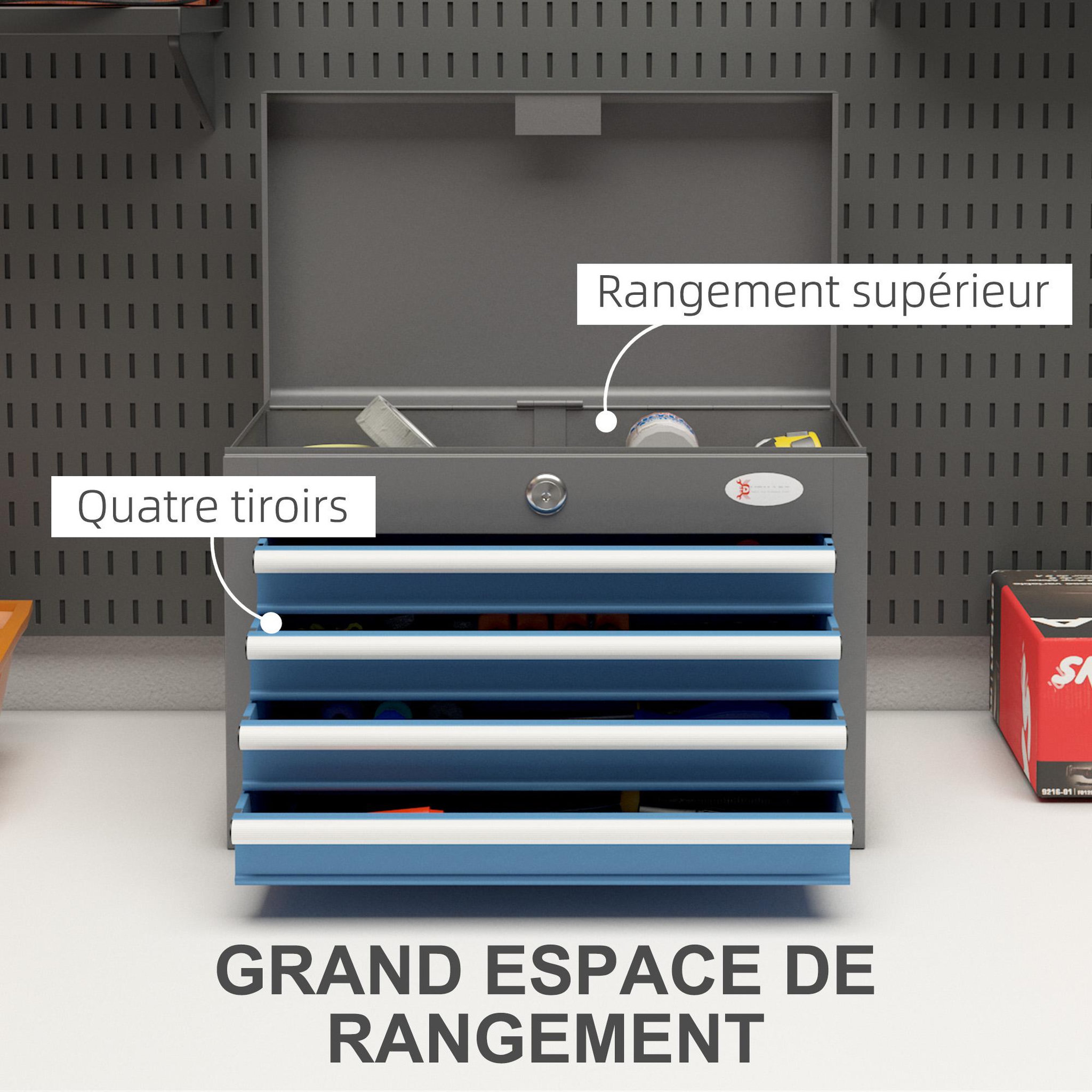 Voir la diapositive 4 : HOMCOM Boite à outils métallique caisse à outils - 4 tiroirs + plateau verrouillables - tapis eva poignées tôle acier gris bleu