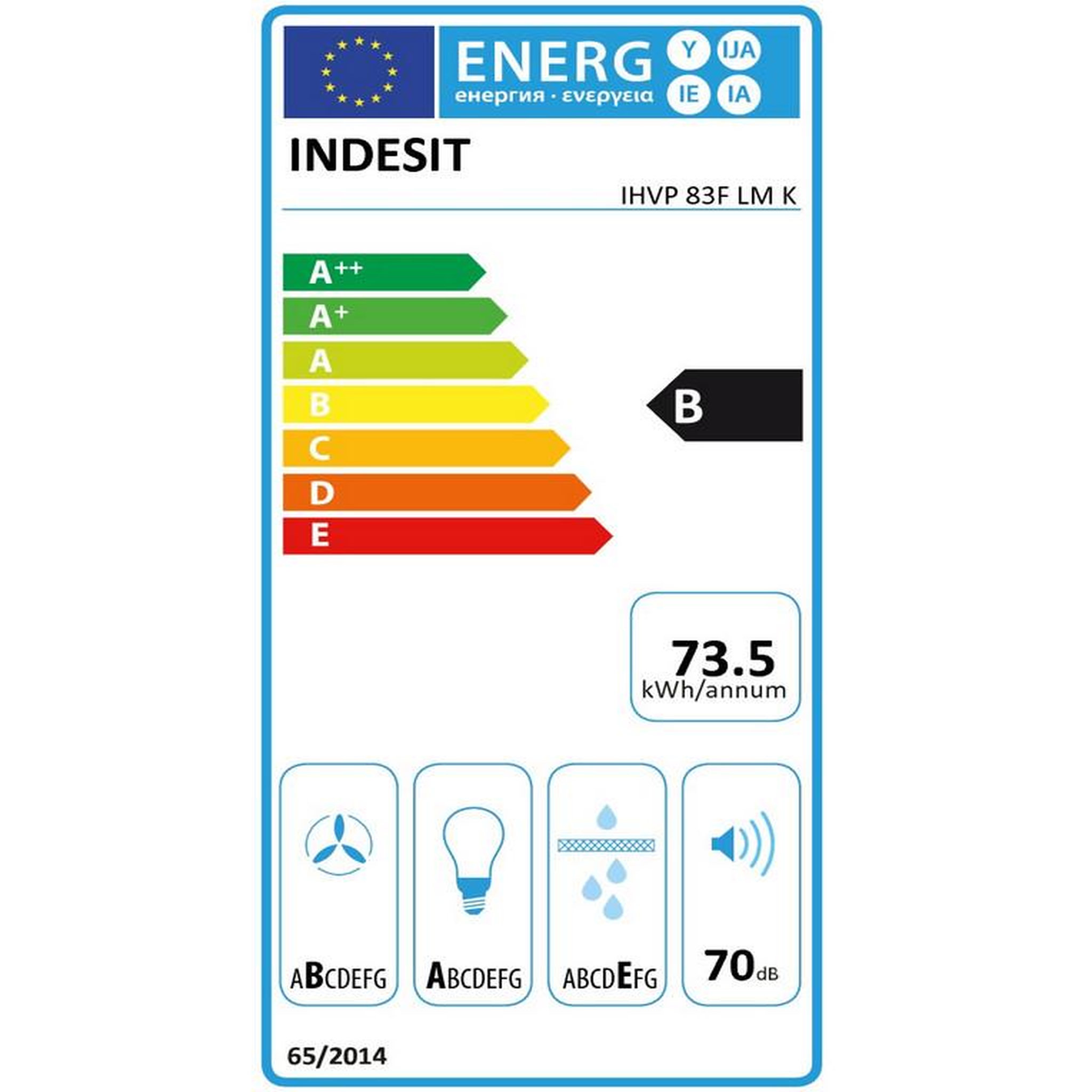 Voir la diapositive 2 : Indesit Hotte décorative inclinée 80cm 647m3/h verre/noir - IHVP83FLMK