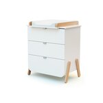 AT4 Commode à langer 3 tiroirs en bois PIRATE Blanc et Hêtre