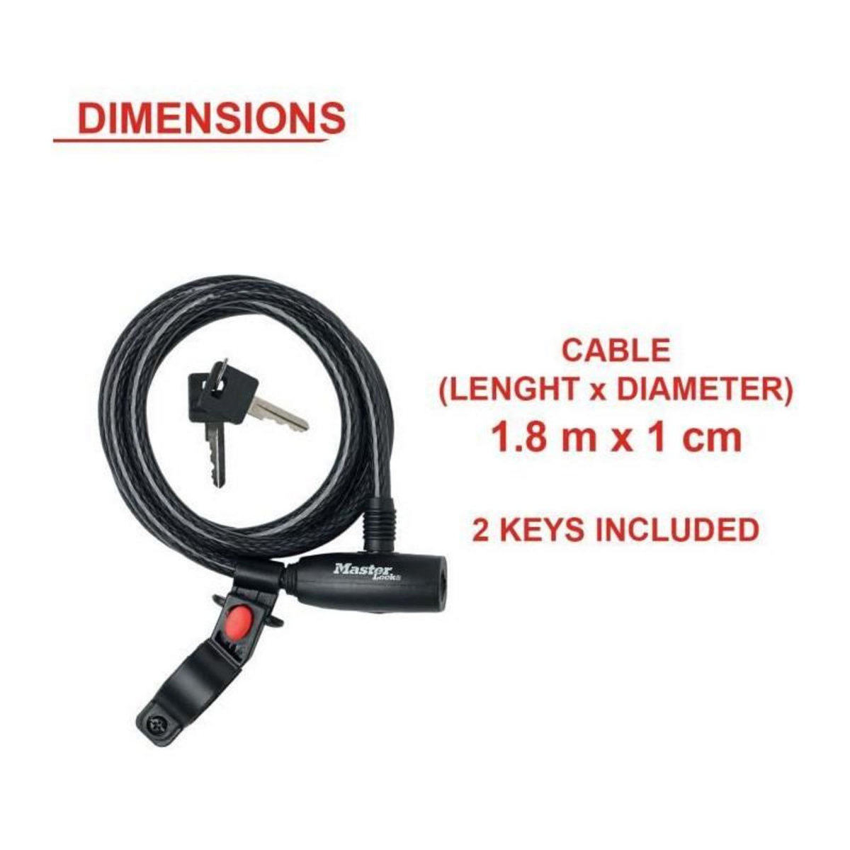 Master lock Cable Antivol Vélo [1,8 m Câble] [Clé] [Extérieur] [Support Fixation Vélo] 8232EURDPRO