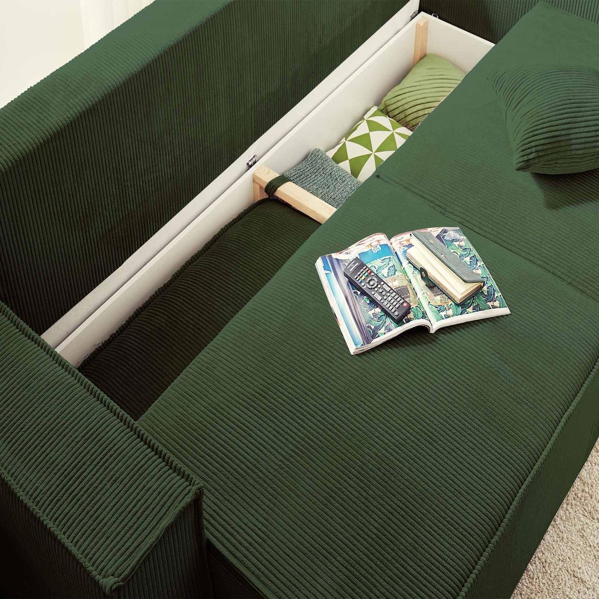 BEST MOBILIER Dellia - canapé 3 places convertible - avec coffre - en velours côtelé - style contemporain