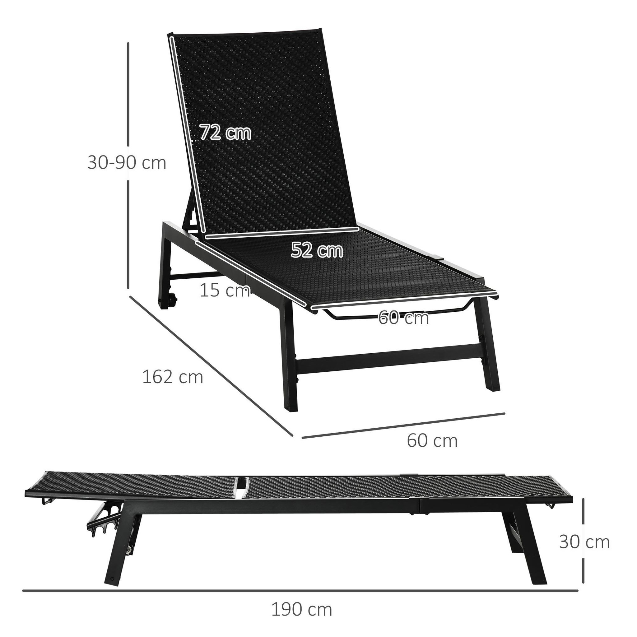 Voir la diapositive 3 : OUTSUNNY Bain de soleil transat grand confort - dossier inclinable 5 positions roulettes - châssis alu. résine tressée noire