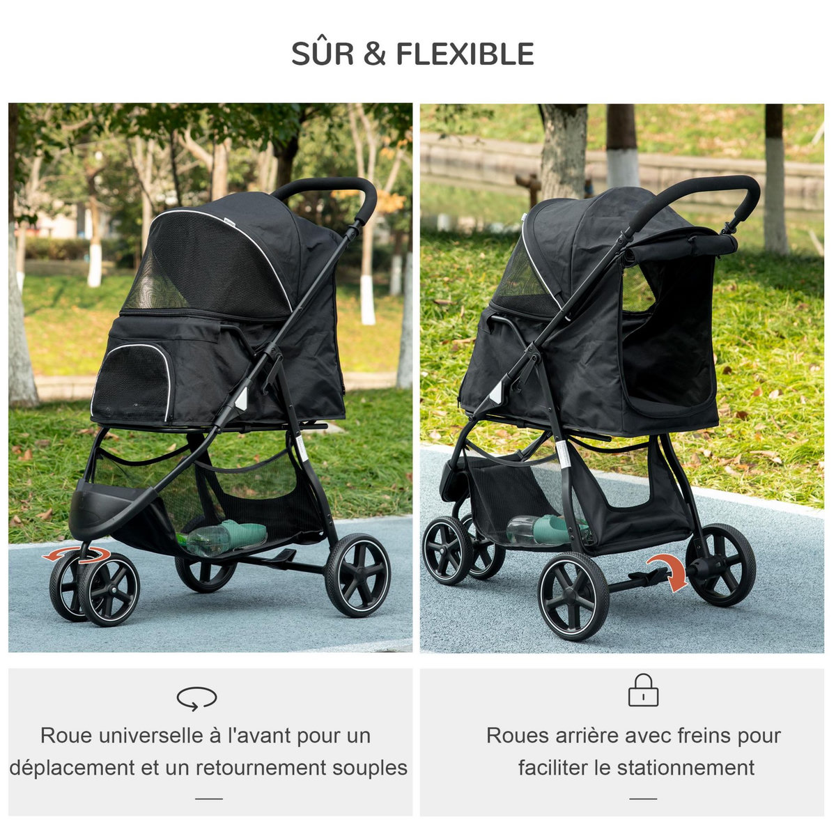 PAWHUT Poussette buggy pliable pour chien chat - 2 attaches, guidon réglable, panier - acier oxford noir