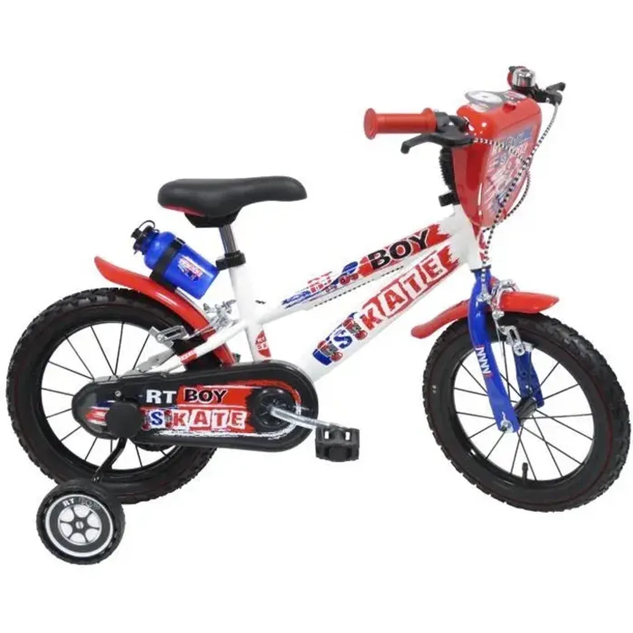 Vélo enfant 16'' - Modèle Garçon   Skate  pour enfant de 105 à 120 cm avec stabilisateurs - Plaque décorative avant - Porte bidon - 2 freins & Pneus gonflables