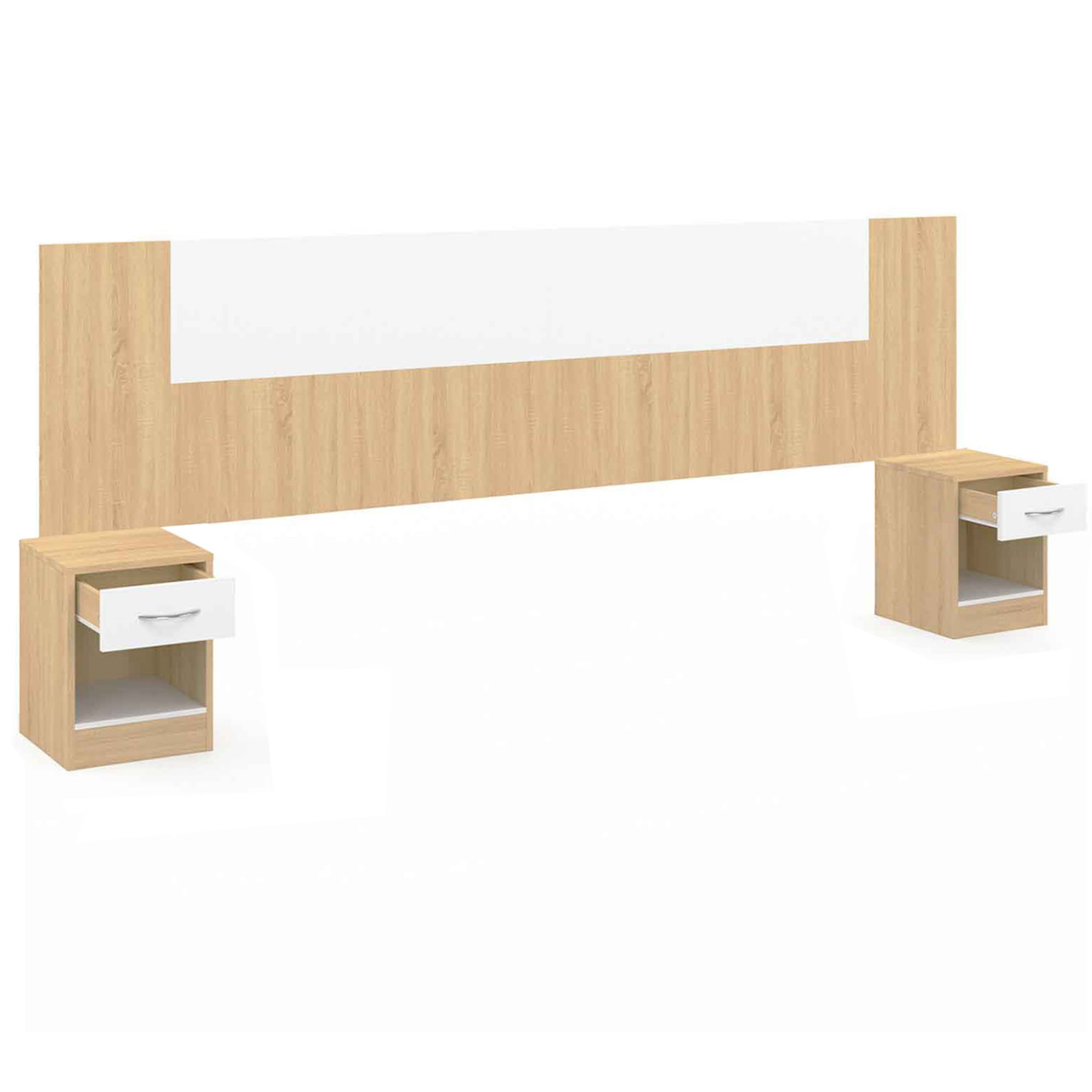 Voir la diapositive 4 : ID MARKET Tête de lit sur pied avec chevets modulables sapa pour lit 140, 160 ou 180 cm bois et blanc