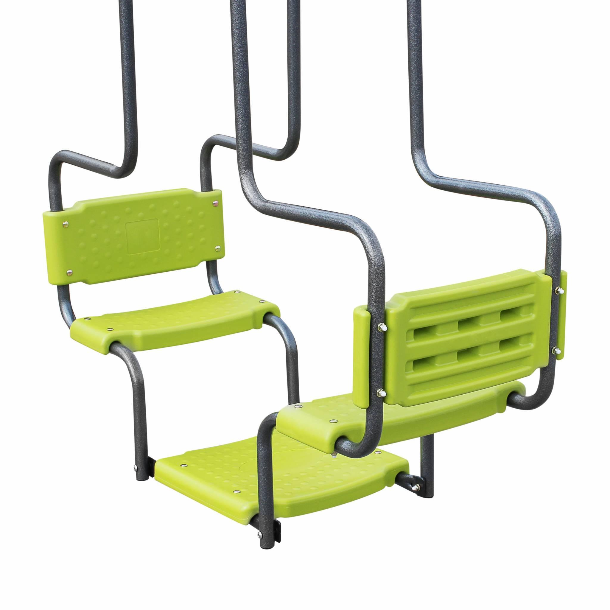 Voir la diapositive 2 : SWEEEK Balançoire 4 agrès Meltemi. portique 6 places avec 2 balançoires. 1 face à face et 1 nacelle. 223cm de hauteur. station de jeux extérieure