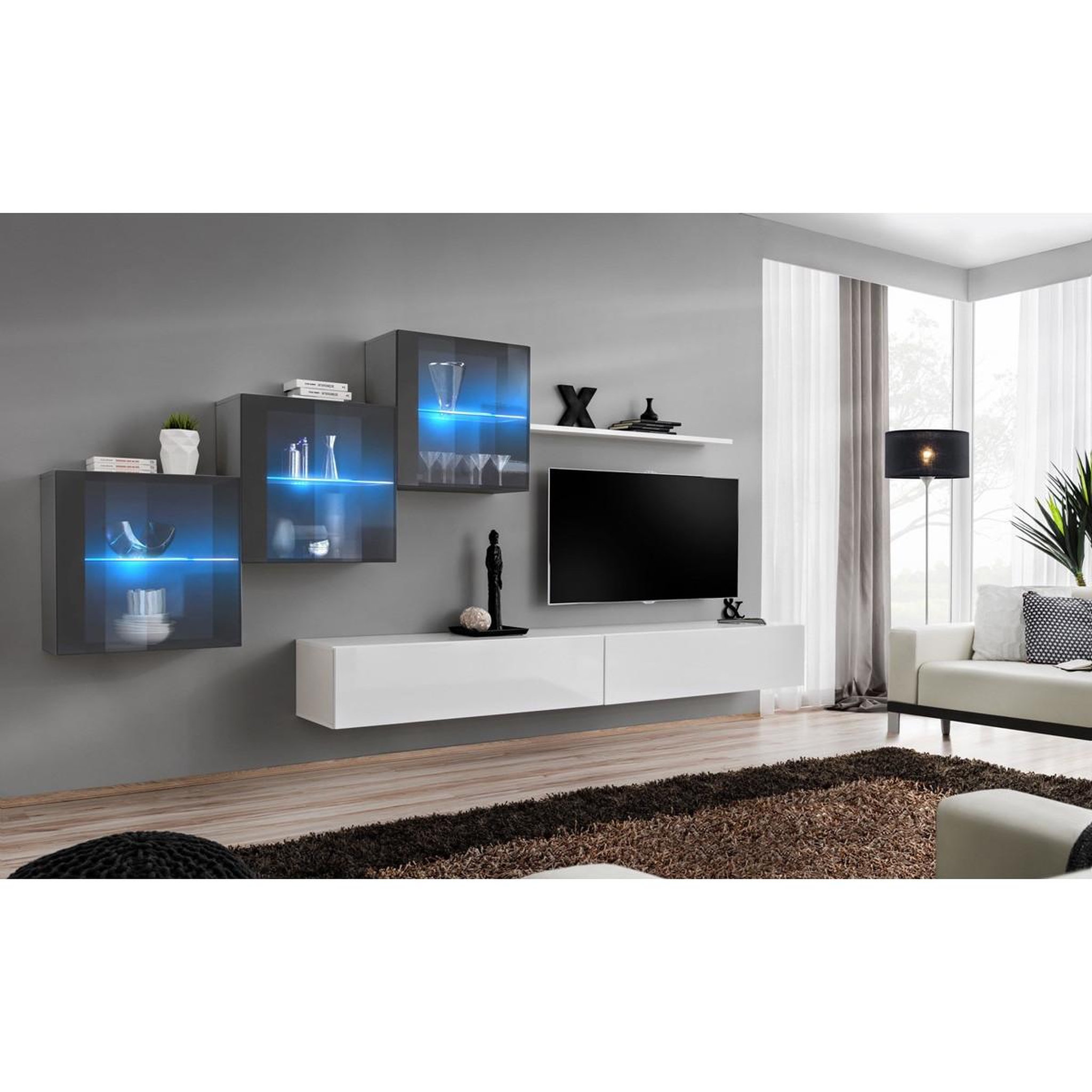 Voir la diapositive 2 : Paris Prix Meuble tv mural design  switch xx  330cm blanc & gris