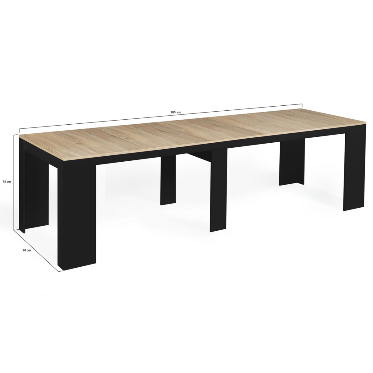 ID MARKET Table console extensible ORLANDO 14 personnes 300 cm bois noir et façon hêtre