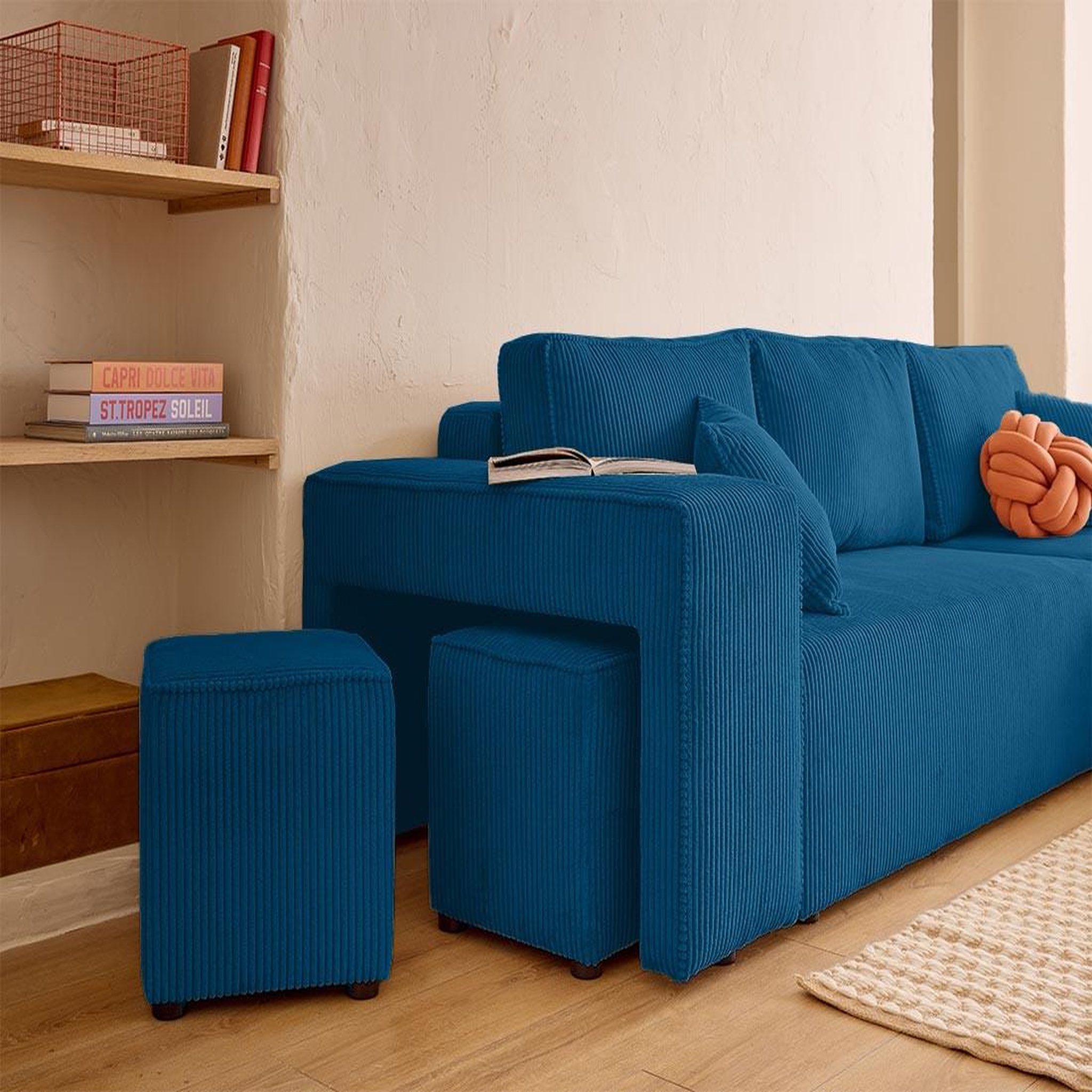 Voir la diapositive 5 : BEST MOBILIER Topaze - canapé d'angle réversible 4 places - convertible avec coffre, tablette et poufs - en velours côtelé