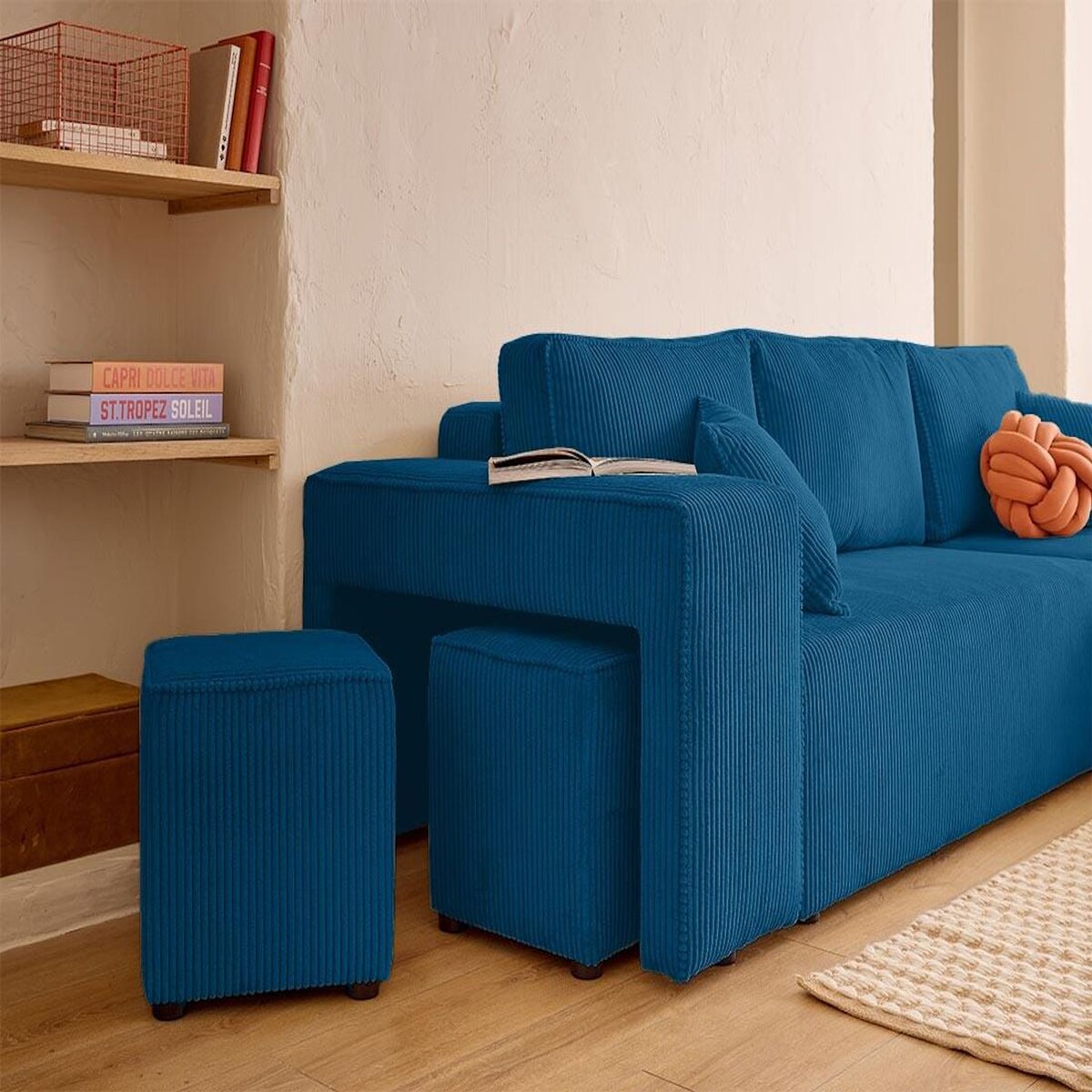 BEST MOBILIER Topaze - canapé d'angle réversible 4 places - convertible avec coffre, tablette et poufs - en velours côtelé