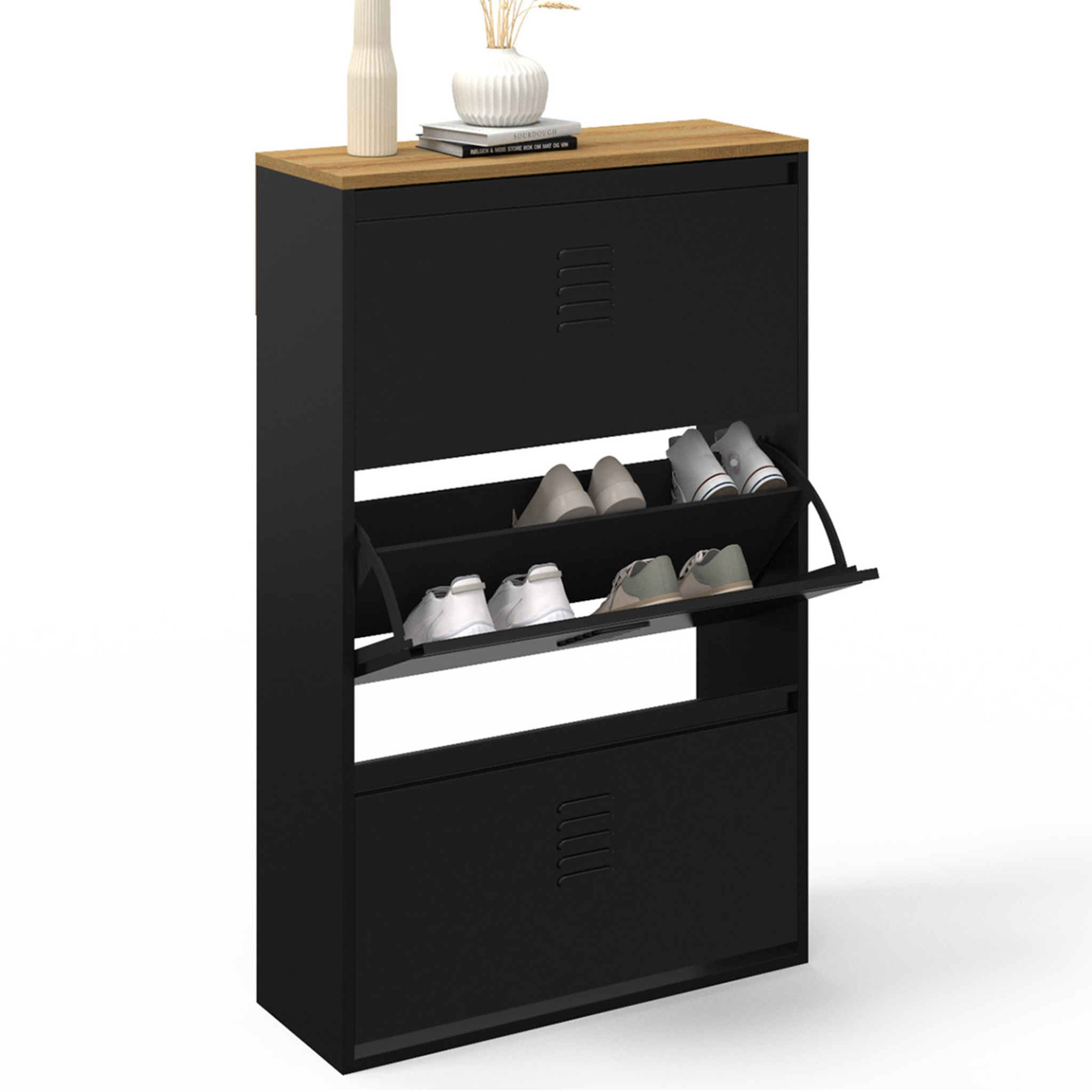ID MARKET Meuble à chaussures 18 paires maxi capacité ester 3 portes métal noir et plateau façon hêtre design industriel