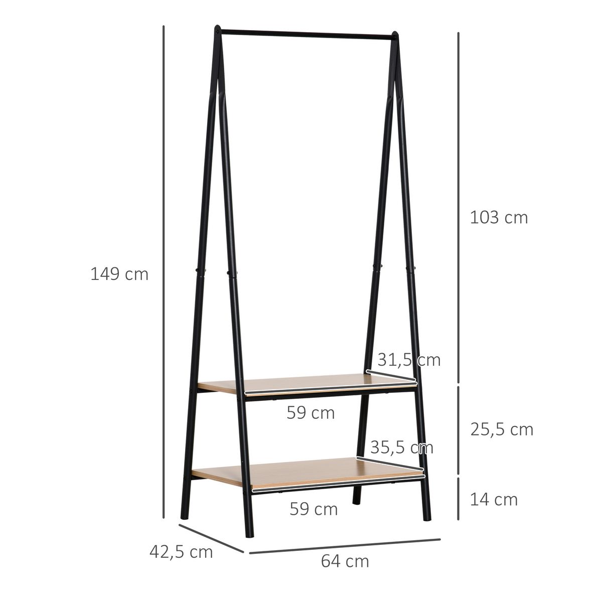 HOMCOM Portant à vêtements penderie style contemporain triangulaire dim. 64L x 43l x 149H cm 2 étagères MDF bois clair acier noir