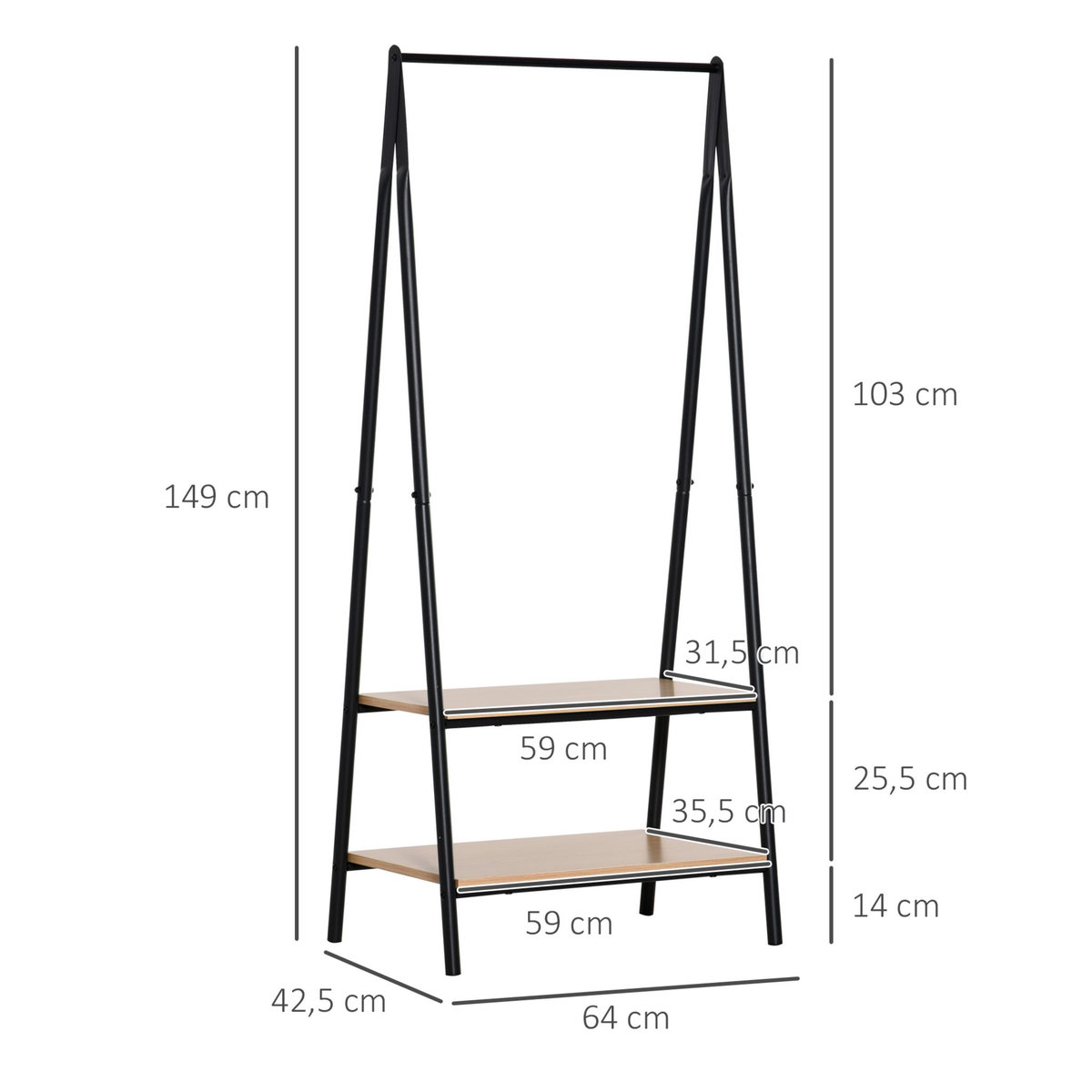 HOMCOM Portant à vêtements penderie style contemporain triangulaire dim. 64L x 43l x 149H cm 2 étagères MDF bois clair acier noir