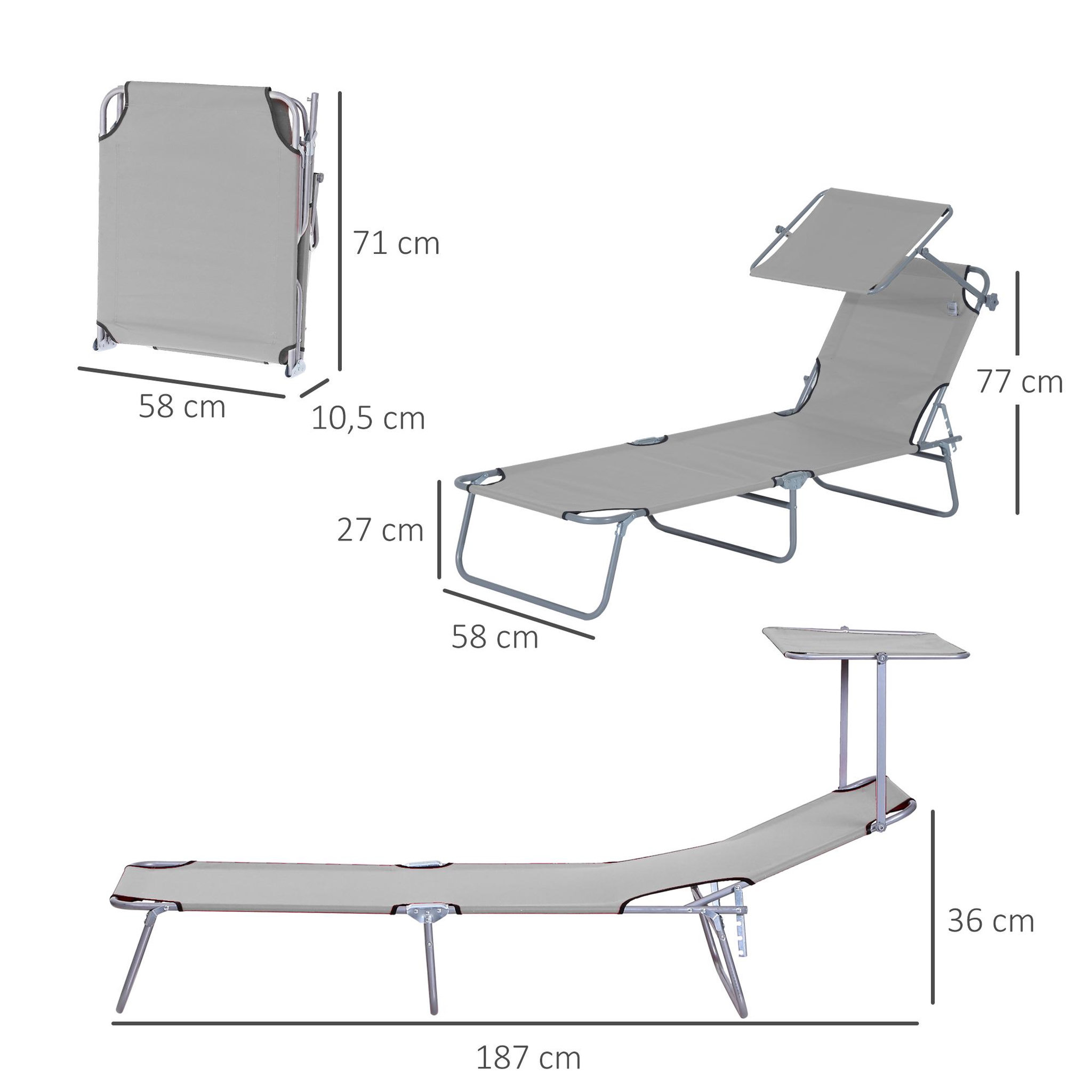 Voir la diapositive 3 : OUTSUNNY Transat bain de soleil pliable grand confort dossier et pare-soleil réglable multi-positions gris clair