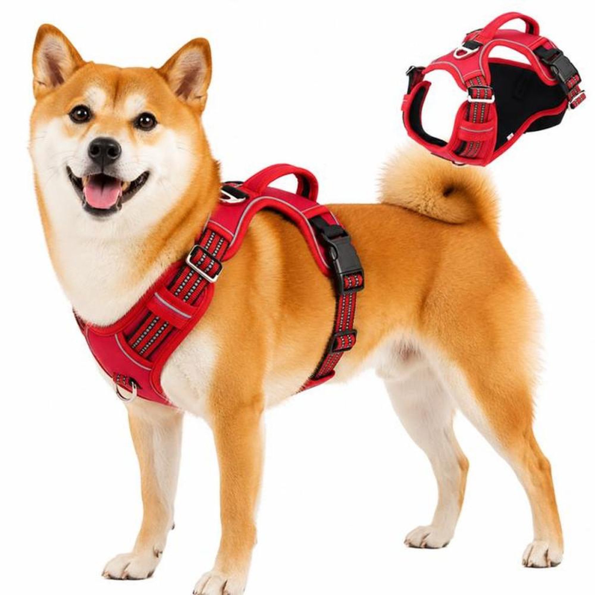 Harnais anti-traction pour chien rouge taille M avec poignée de contrôle, coussinets rembourrés réfléchissants et anneaux avant/arrière
