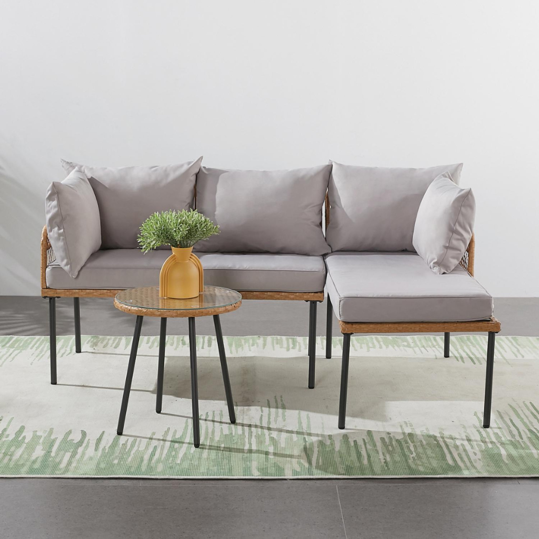 Voir la diapositive 2 : CONCEPT USINE Salon de jardin d'angle 3 places effet rotin lecce