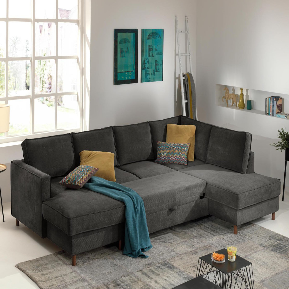 LISA DESIGN Jake - canapé panoramique d'angle droit - convertible avec coffre - 7 places - en velours côtelé