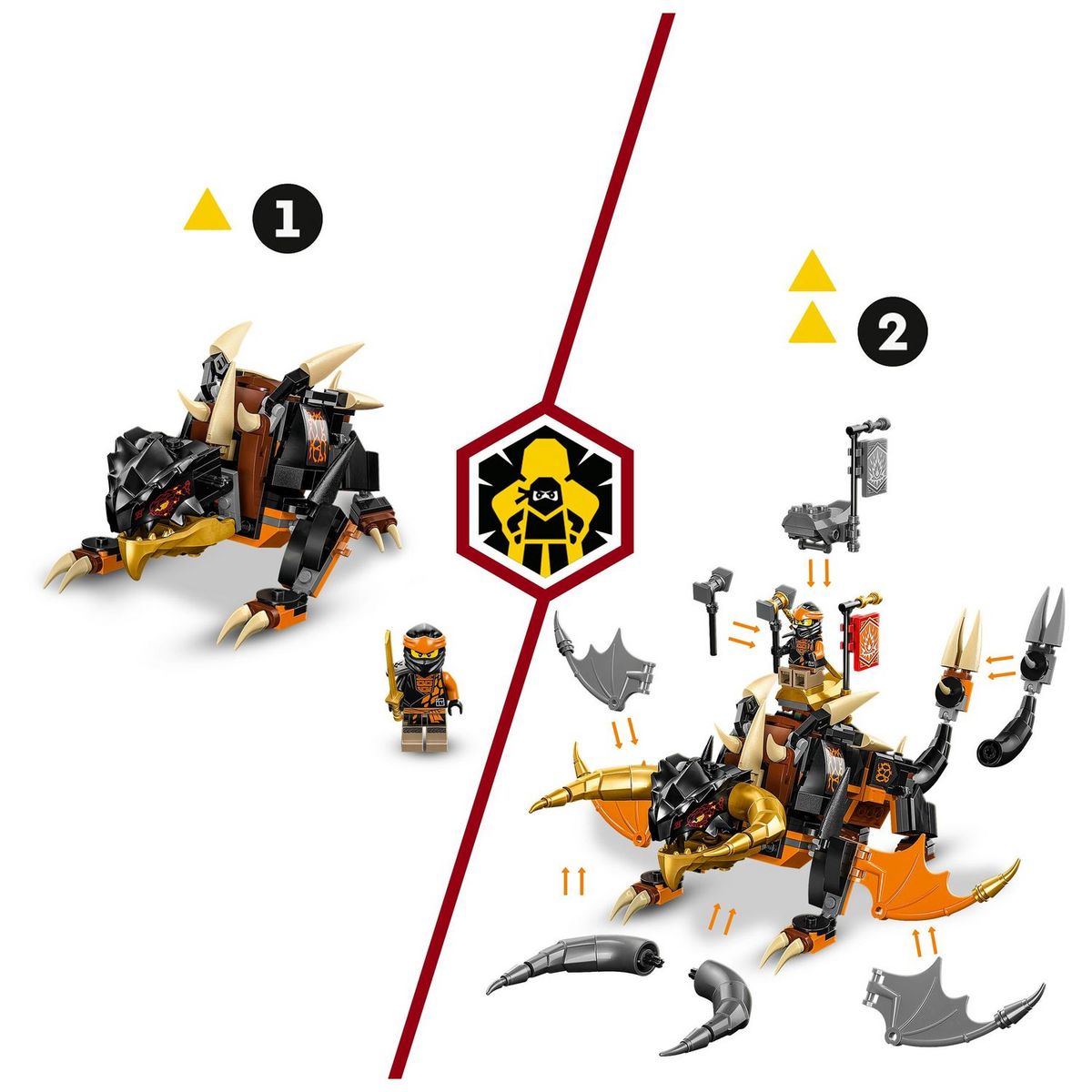 LEGO Ninjago 71782 Le dragon de terre de Cole Évolution, Jouet pour Garçons et Filles, Figurine Évolutive avec Scorpion Squelette et 2 Minifigurines