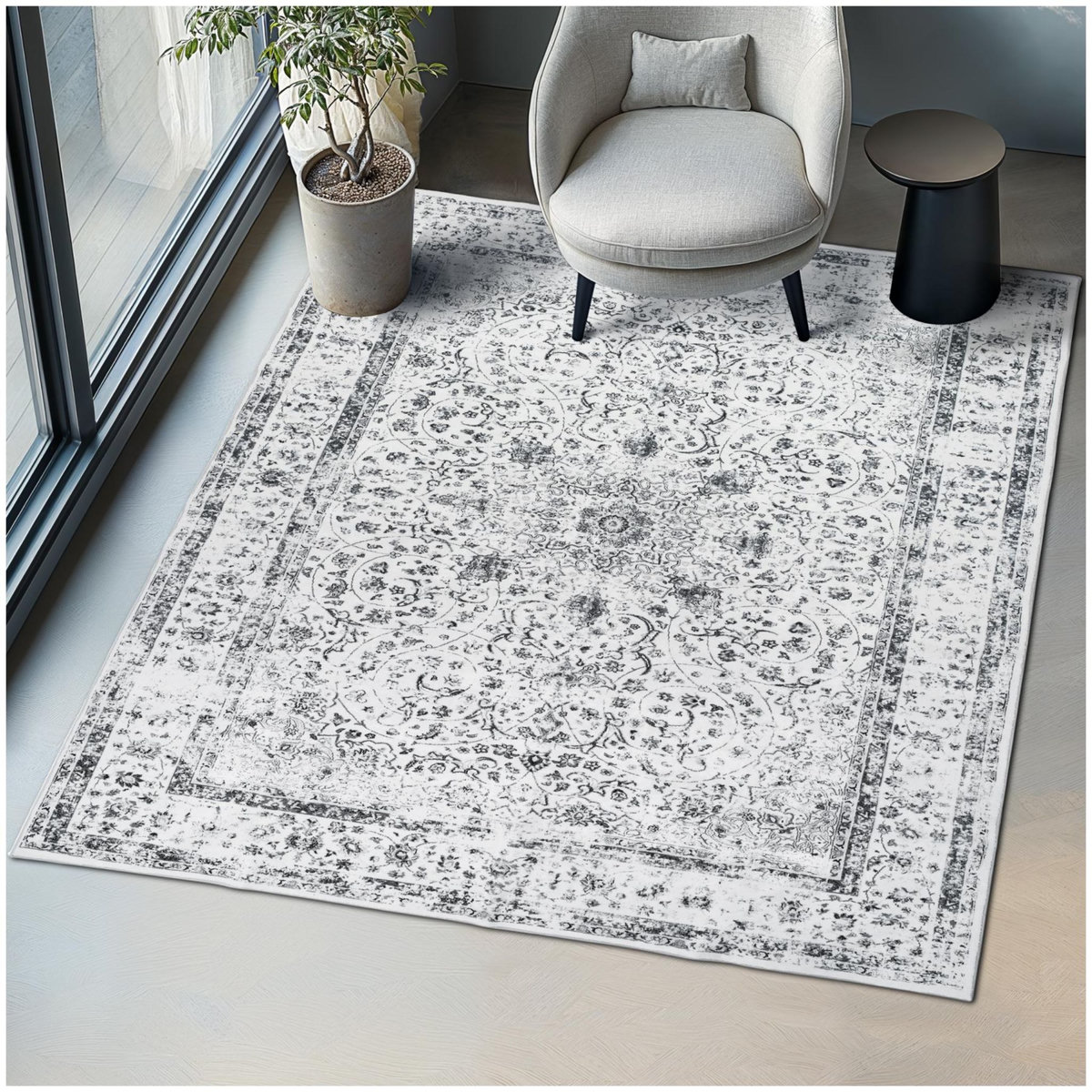 tectake Tapis design vintage à poils courts en laine synthétique et feutre gris 200 x 274 cm